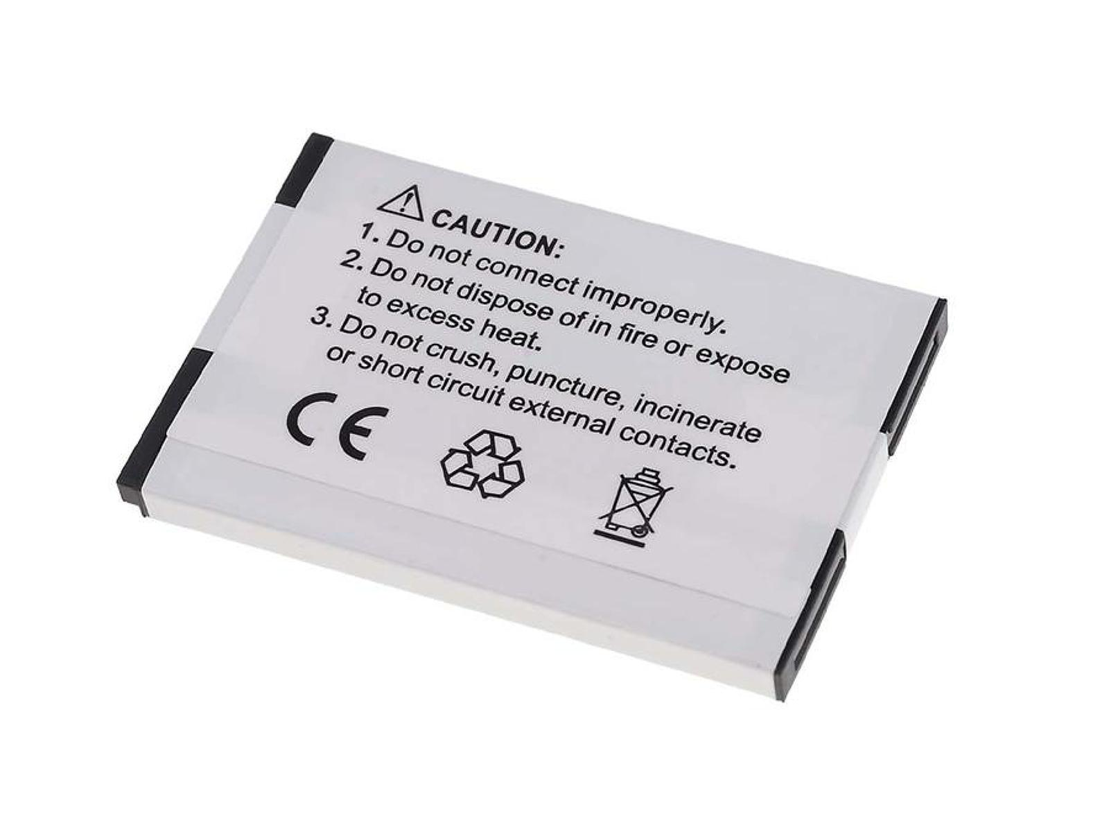 Kleine Batterie mit Sicherheitshinweisen, Recycling-Symbolen und Vorsichtserklärungen.