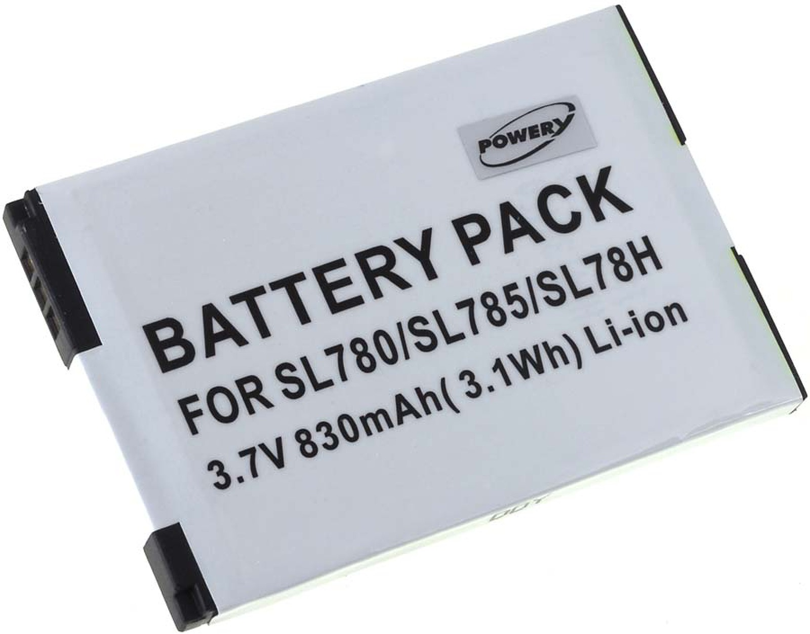 Weißes Akku-Pack mit 'Battery Pack'-Text und Spezifikationen. Schwarze Anschlüsse an den Seiten.
