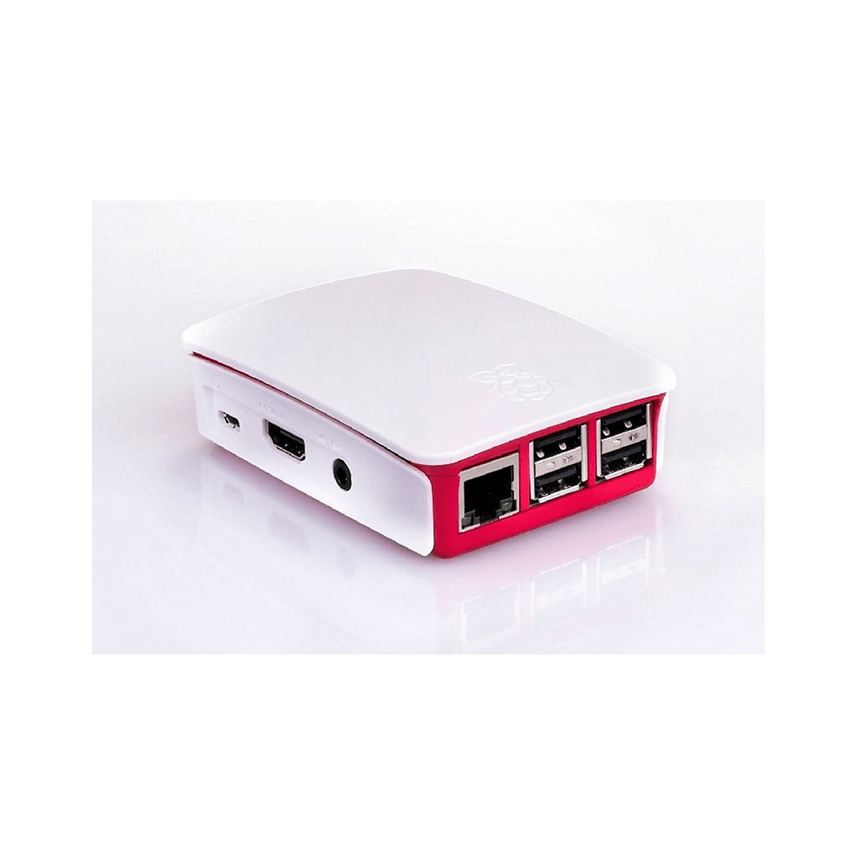 Piccolo case Raspberry Pi bianco e rosso, che mostra porte e dettagli.