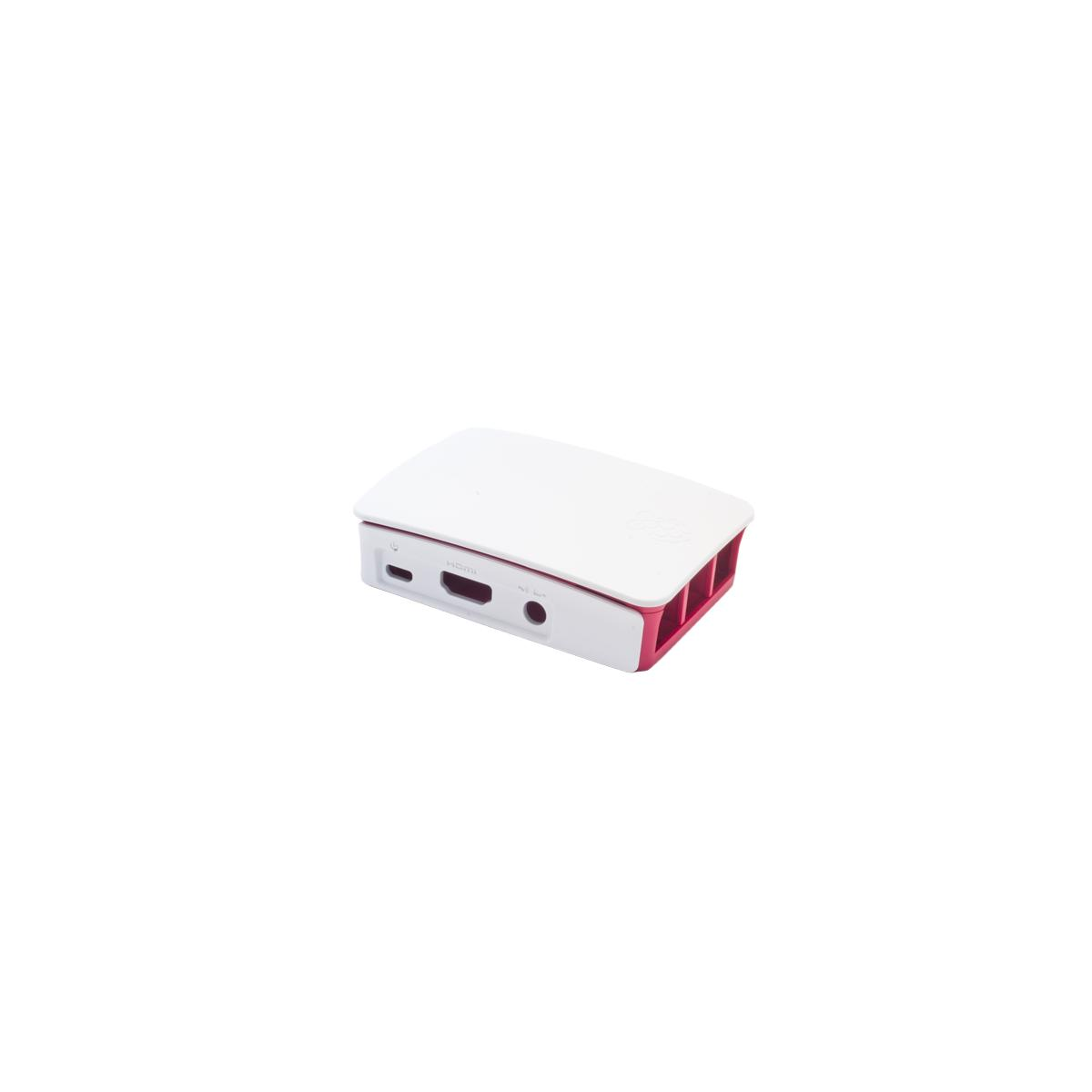 Un piccolo case Raspberry Pi bianco e rosso, posto su una superficie bianca. Ha diverse porte.