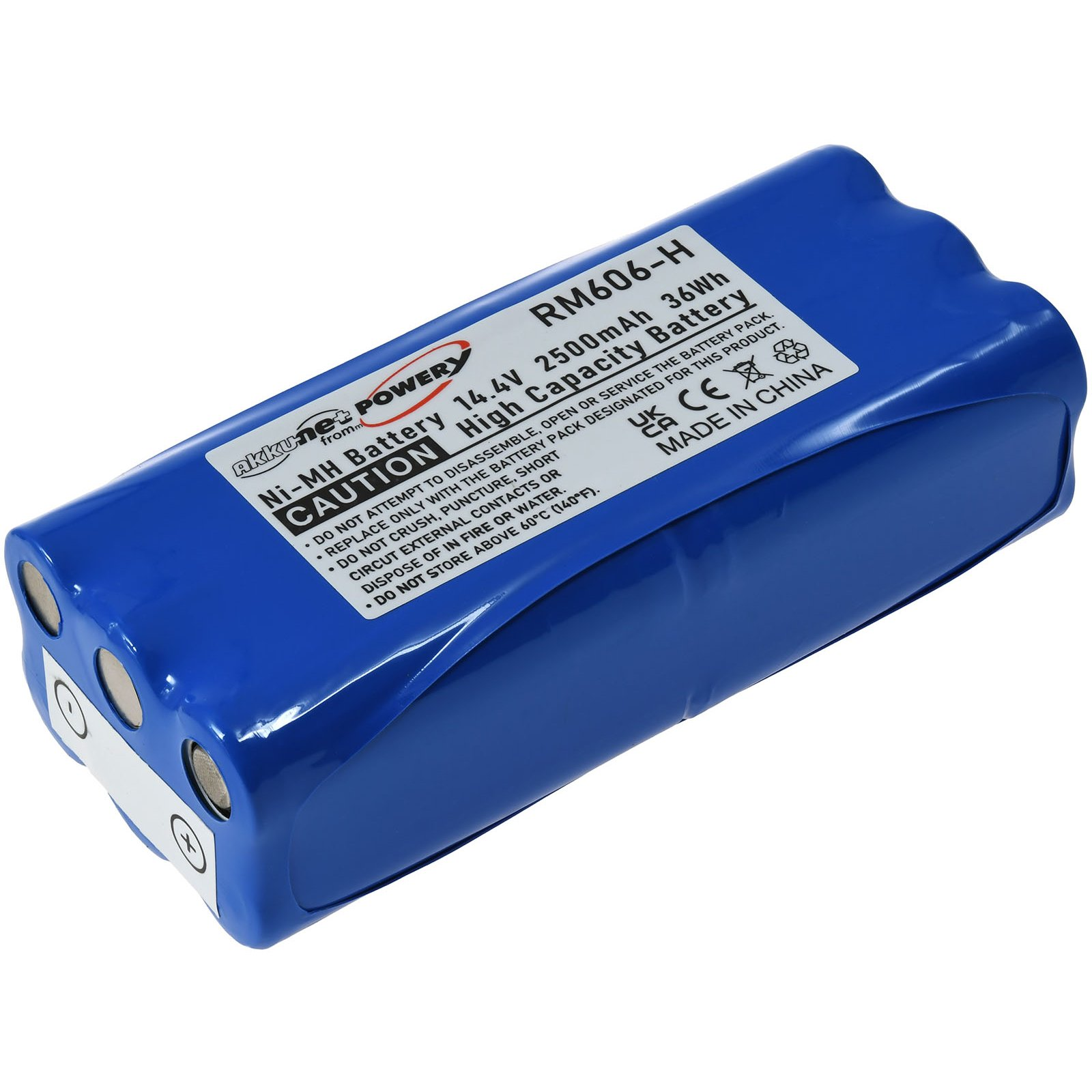 Ein blauer Akku mit weißem Etikett. Das Etikett hat schwarzen Text. Es steht 14,4 V, 2500 mAh, 36 Wh.