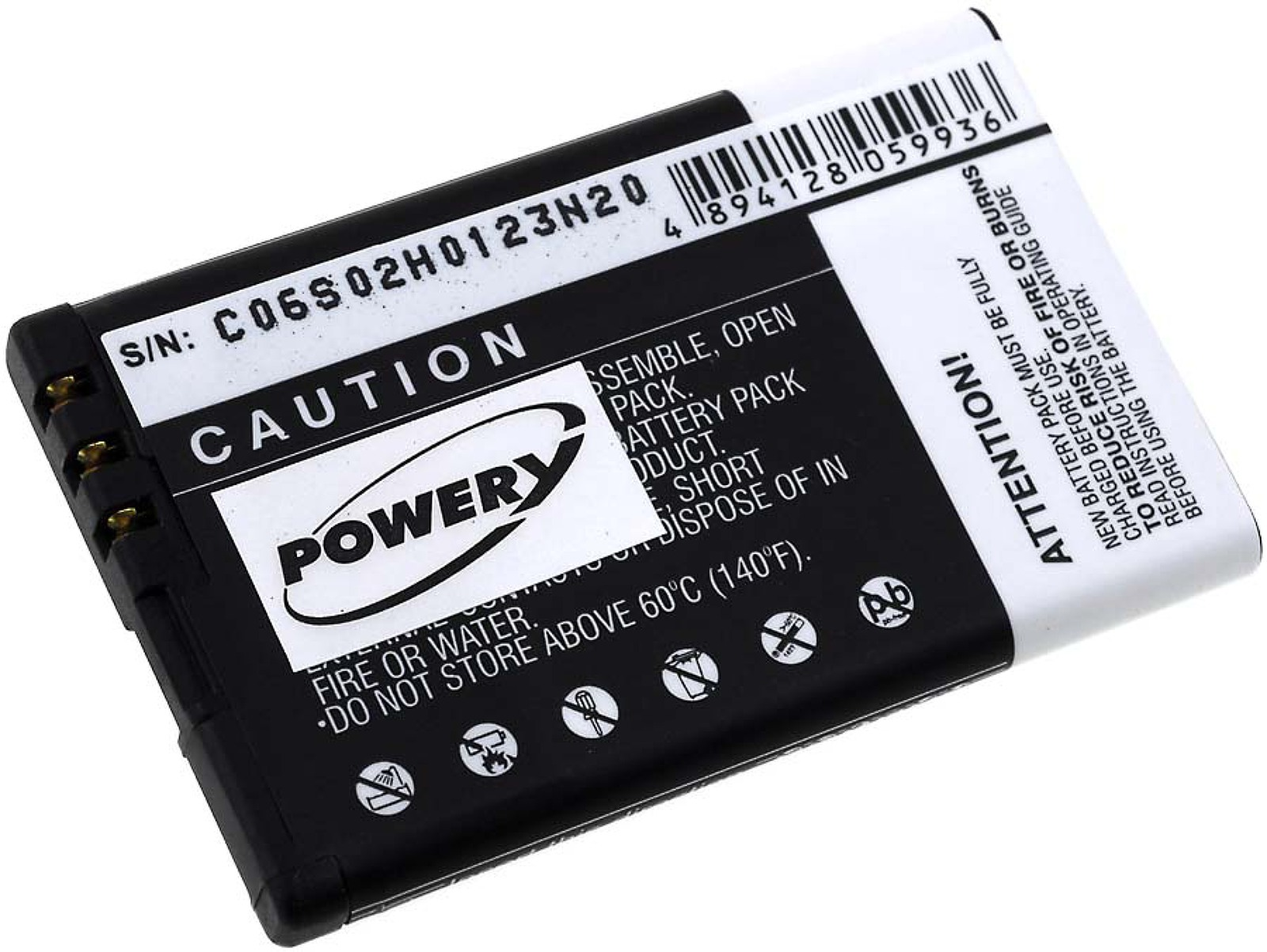 Batería negra con etiqueta blanca. 'CAUTION', 'POWER' y advertencias.