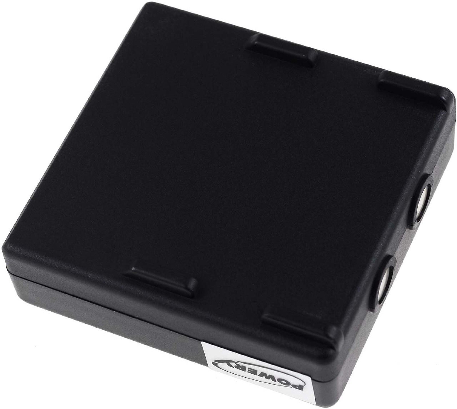 Una caja de batería negra y cuadrada con un logotipo 'POWER' blanco, con dos puertos circulares.