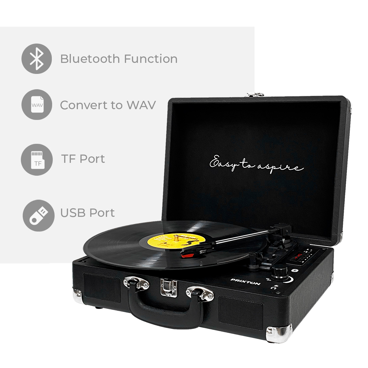 Czarny gramofon w stylu walizki. Zawiera funkcje Bluetooth, USB i portu TF. Ma na sobie płytę.