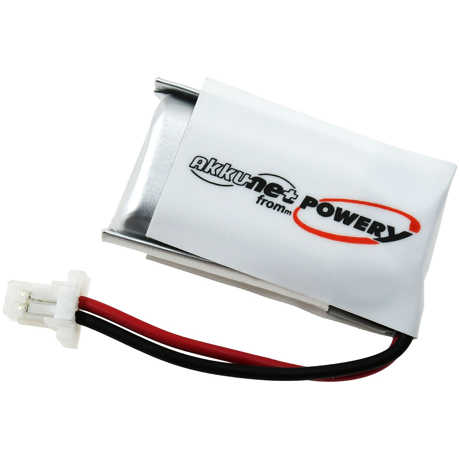 Paquete de batería pequeño con envoltorio blanco. Tiene un cable negro y rojo y un conector blanco.
