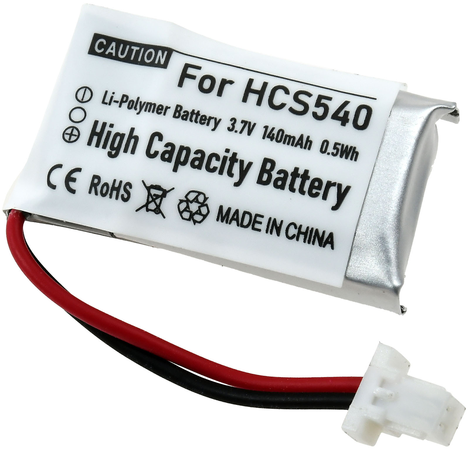 Pequeña batería rectangular con texto y un conector. Dice 'High Capacity Battery' y 'Made in China'.
