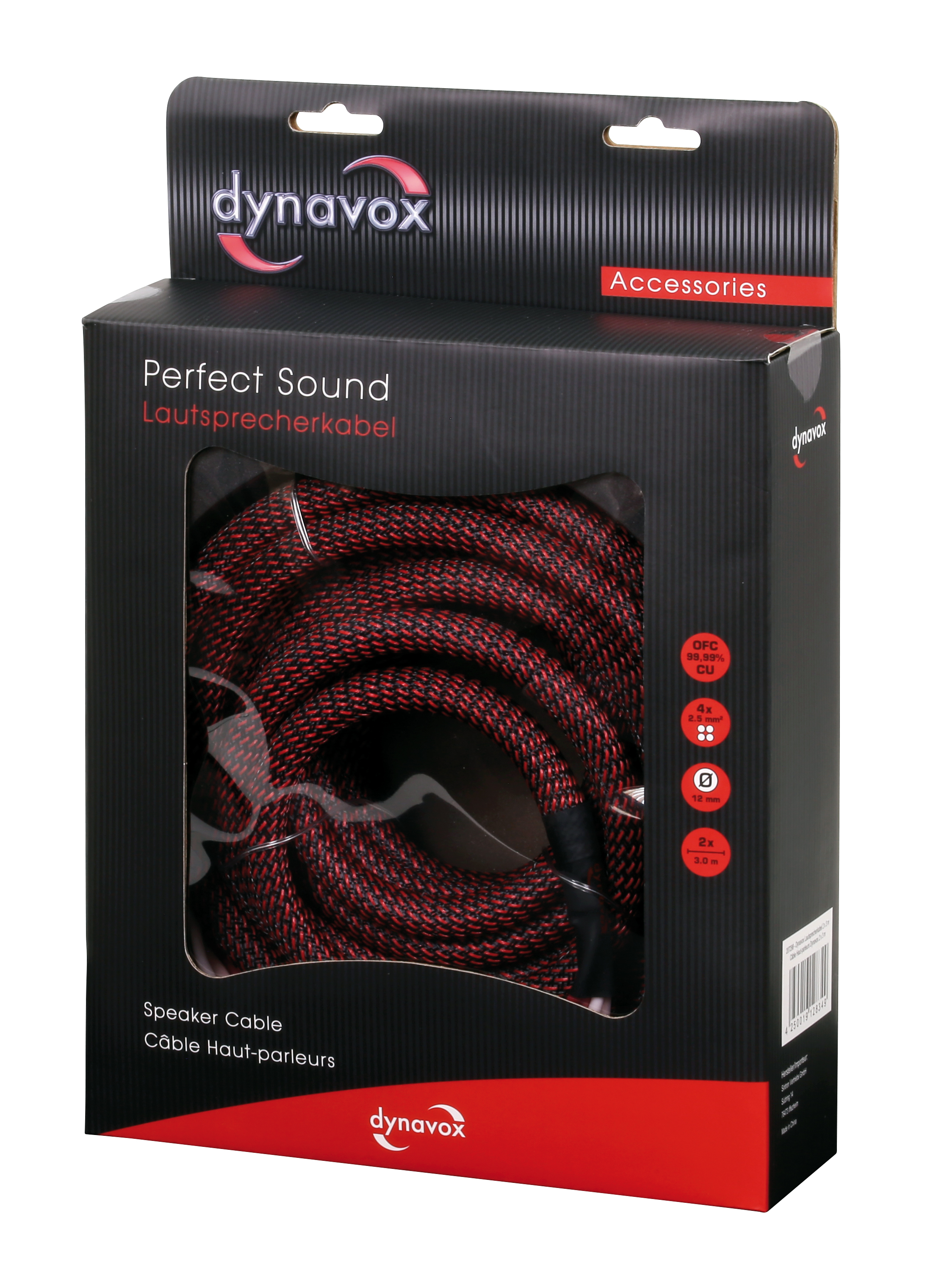 Eine schwarze Box mit Lautsprecherkabel. Rotes und schwarzes Kabel sichtbar. Text: Perfect Sound Lautsprecherkabel.