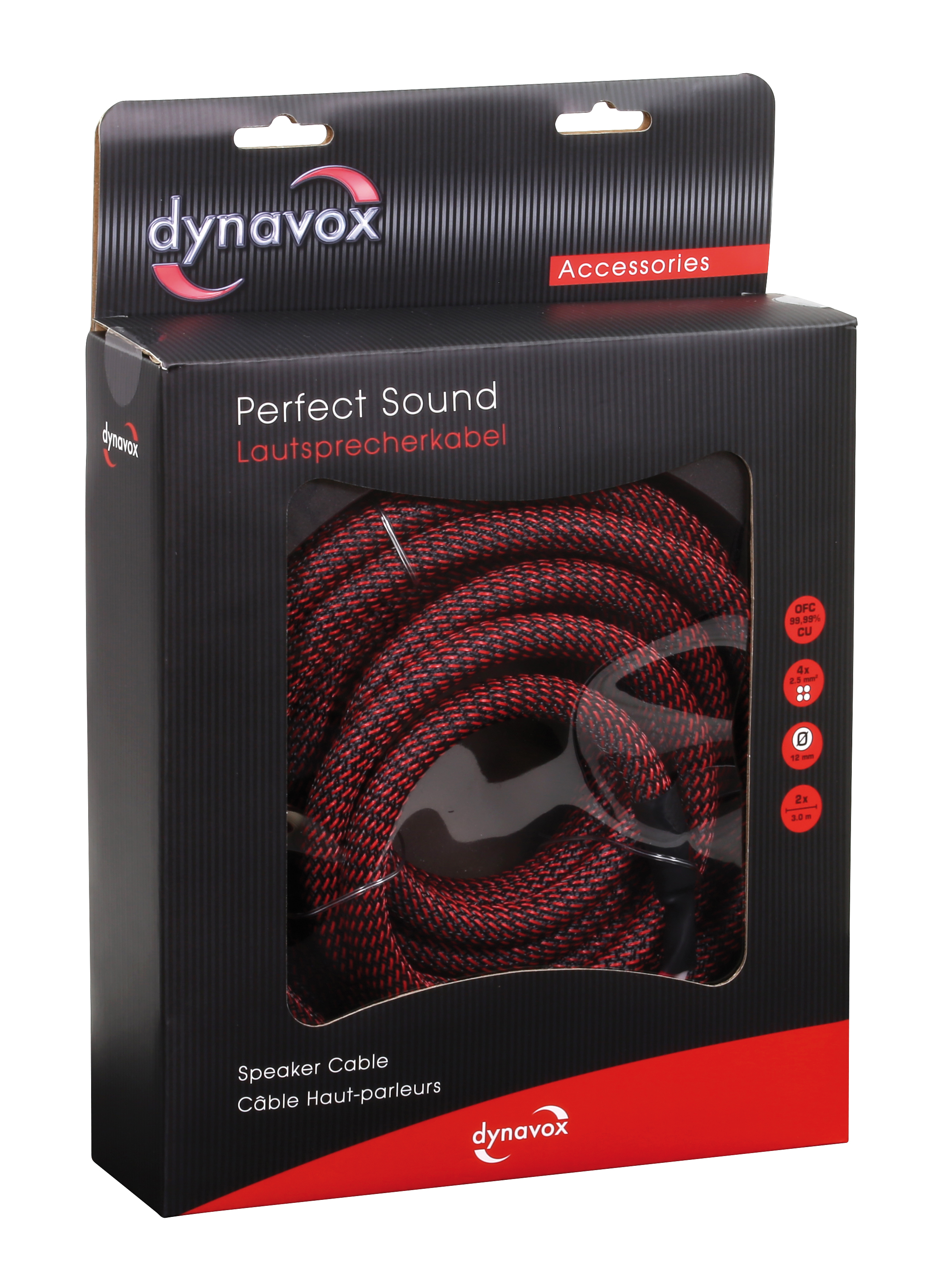 Verpacktes Lautsprecherkabel. Schwarzes und rotes Kabel innen, mit Produktdetails und 'dynavox' Branding.
