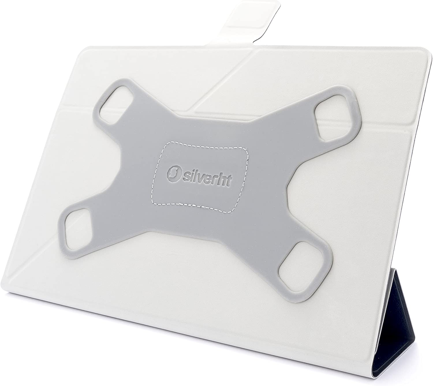 Una funda blanca para tableta con soporte gris en forma de cruz e interior negro sobre superficie blanca.