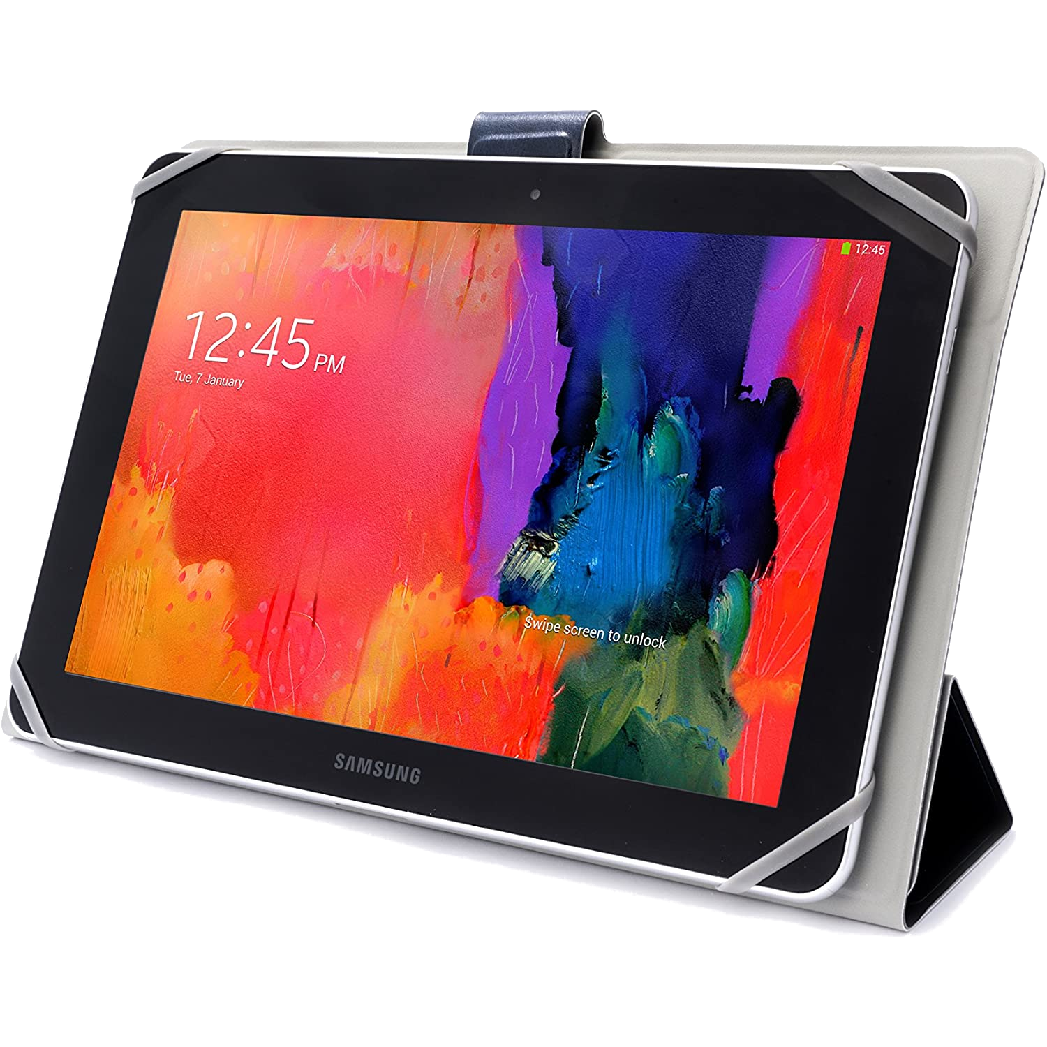 Tableta con pantalla negra y soporte. La pantalla muestra la hora y tiene un marco plateado.