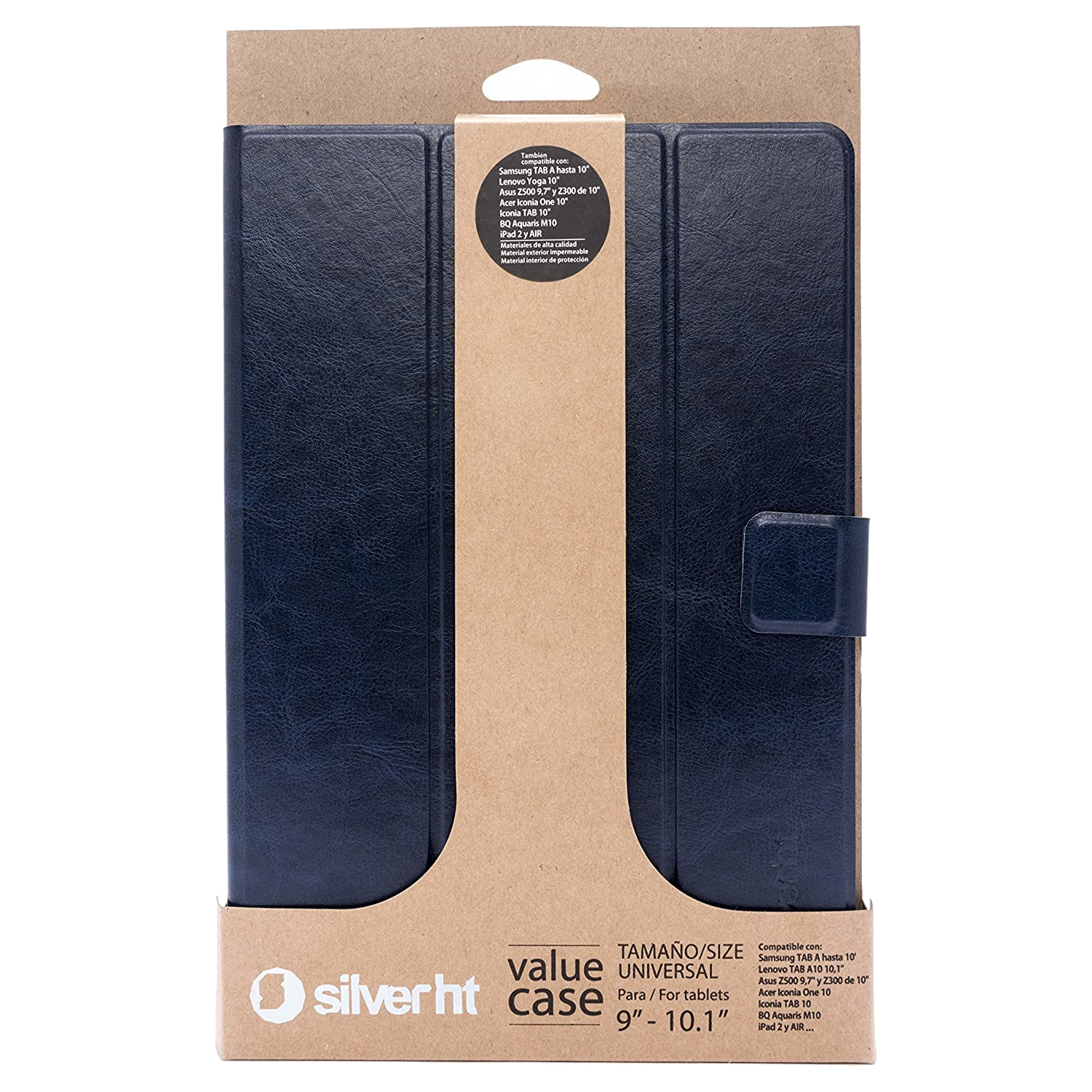 Una funda para tableta azul oscuro en una caja de cartón. La caja muestra la marca 'silverht'.