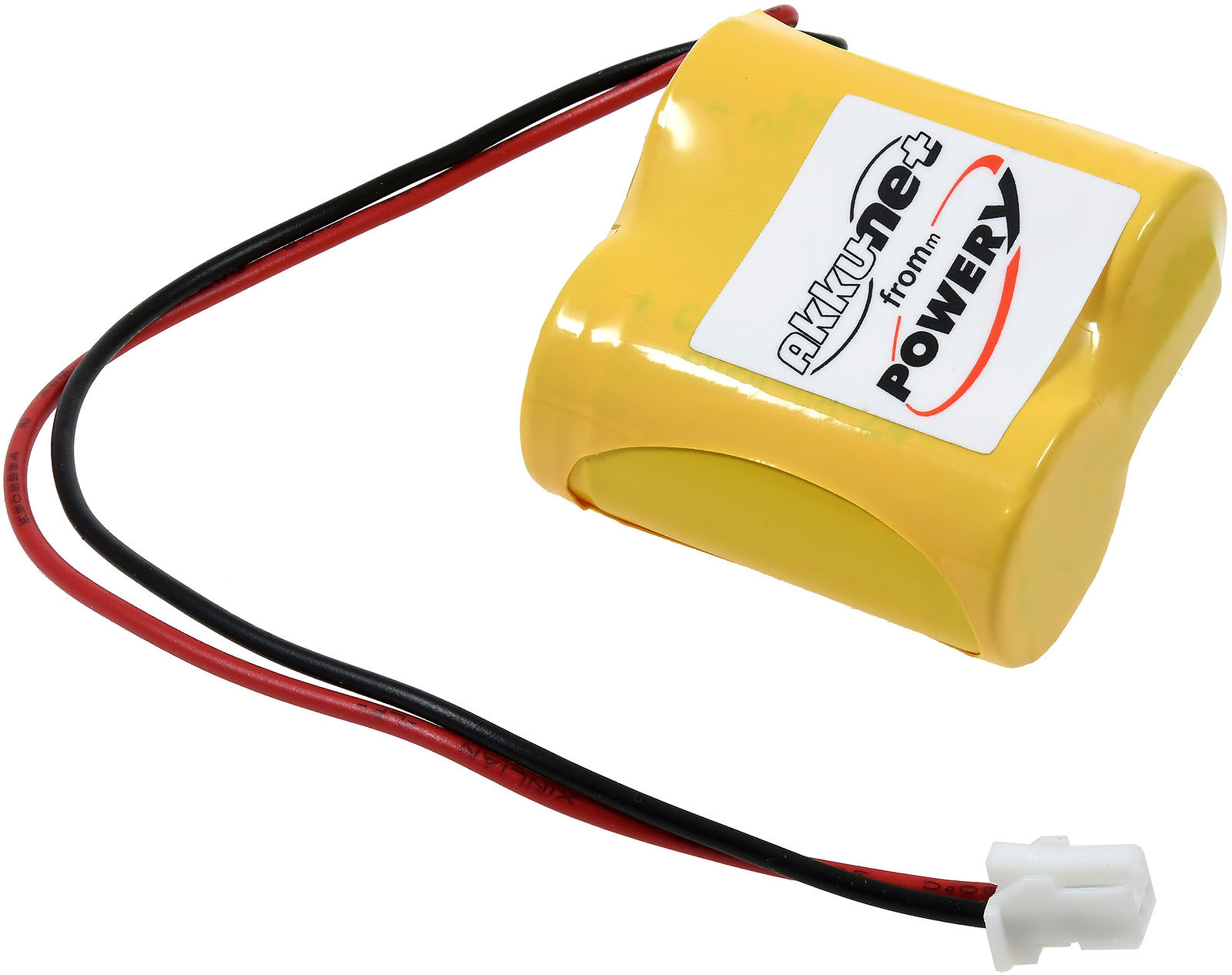 Gelbe zylindrische Batterie mit schwarzen und roten Drähten und einem weißen Stecker.