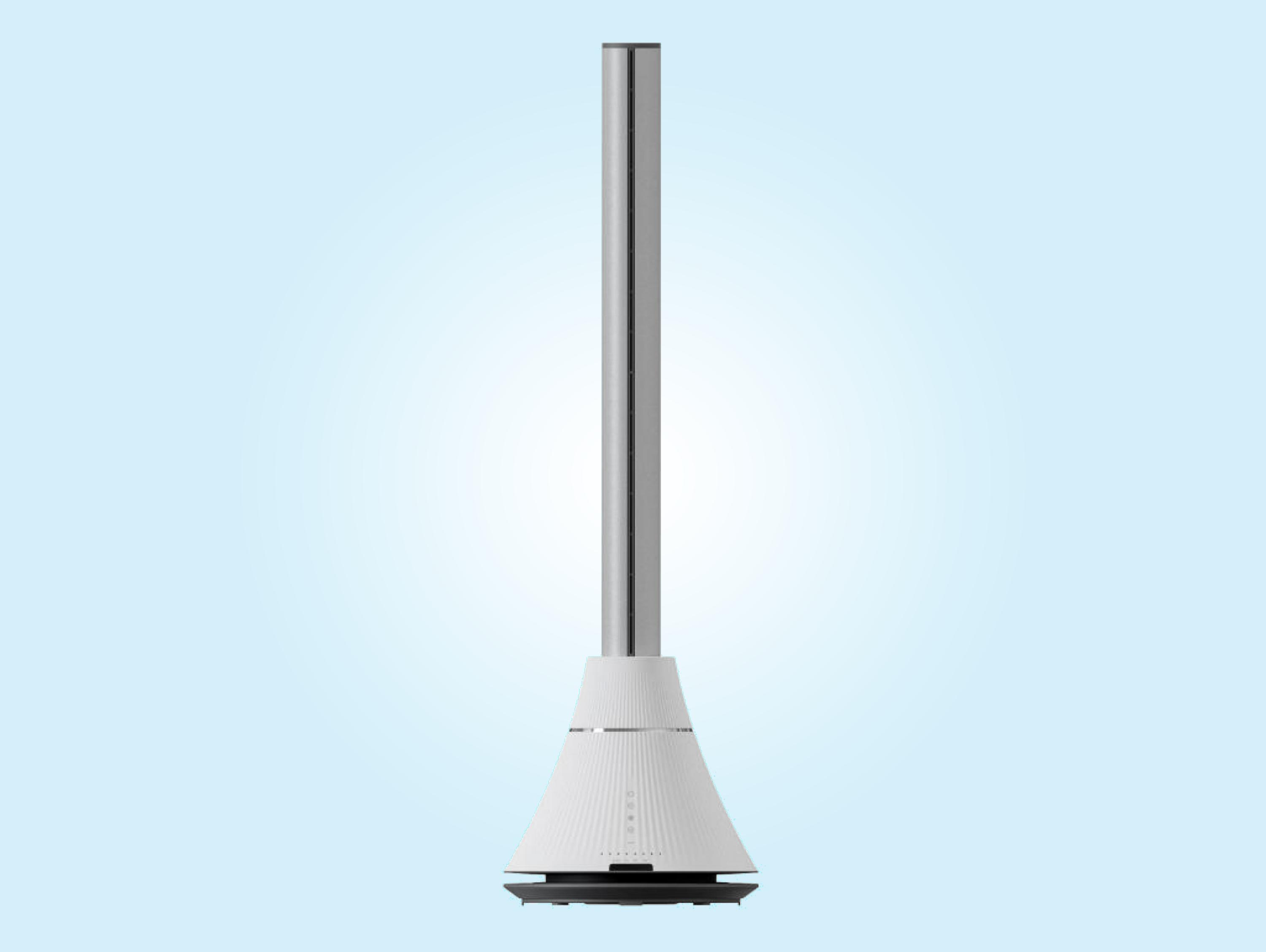Un ventilador de torre blanco y plateado, con diseño cilíndrico, sobre un fondo azul degradado.