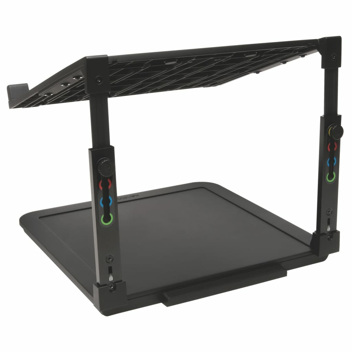 Schwarzer Laptopständer. Höhen- und winkelverstellbar. Hat eine gitterartige Oberfläche für den Laptop.