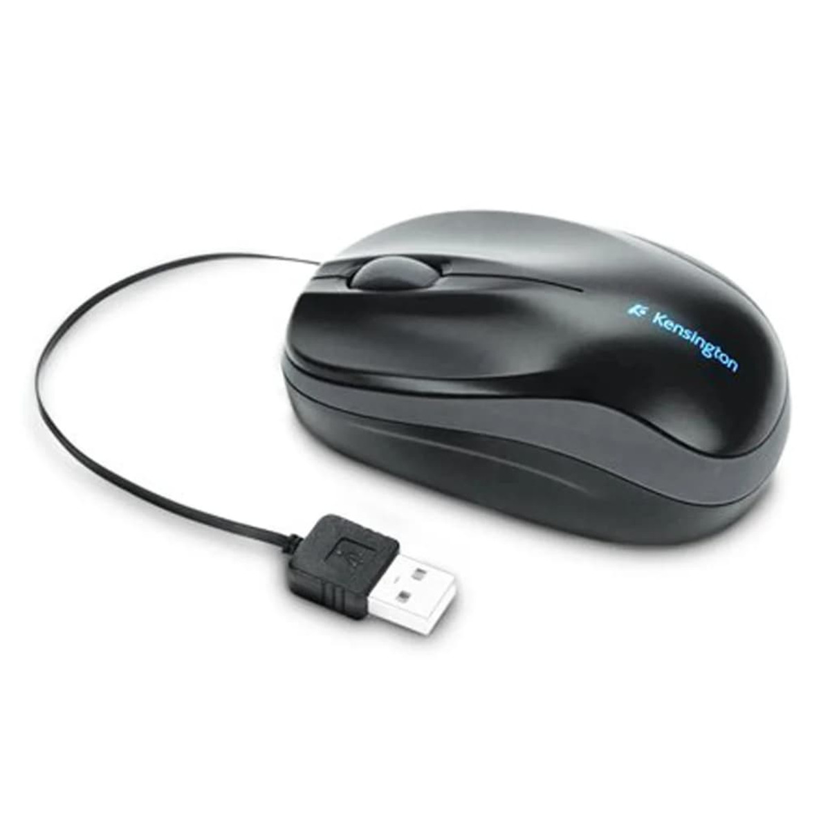 A black Kensington computer mouse with a USB cable and a USB receiver on a white background.