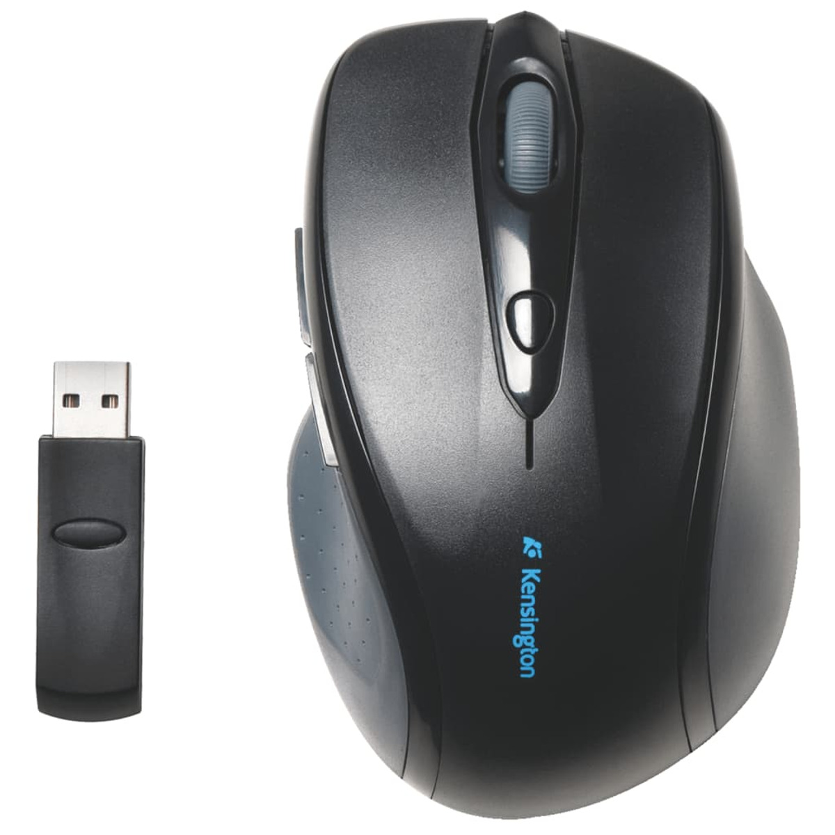 Une souris Kensington sans fil noire avec un récepteur USB sur fond blanc. La molette est grise.