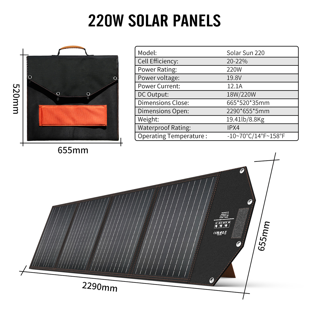 Ein gefaltetes Solarpanel mit detaillierten Spezifikationen, einschließlich Modell, Leistung und Abmessungen.