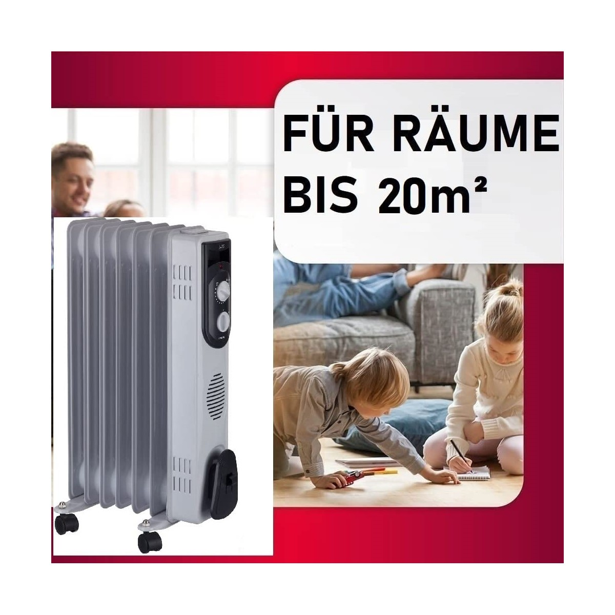 Heizkörper, Text lautet 'Für Räume bis 20 m²'. Personen sind im Hintergrund.