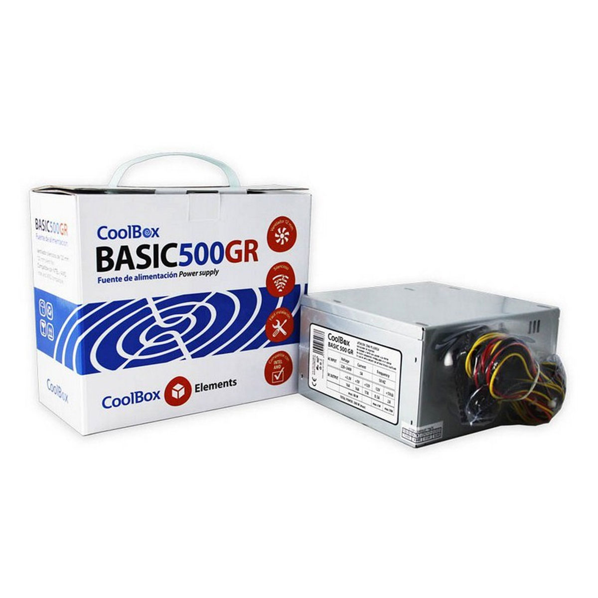 Pudełko CoolBox z zasilaczem i pudełkiem elementów.