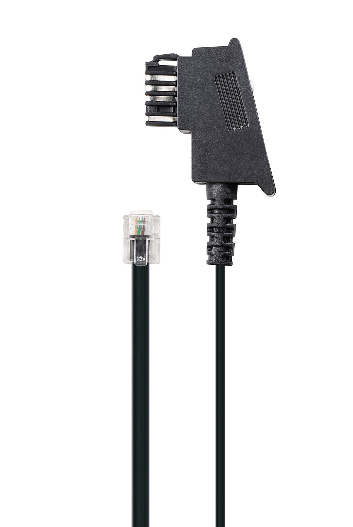 Schwarz-graues Kabel mit Stecker. Der Stecker ist schwarz und abgewinkelt mit kleinem, klarem Stecker.