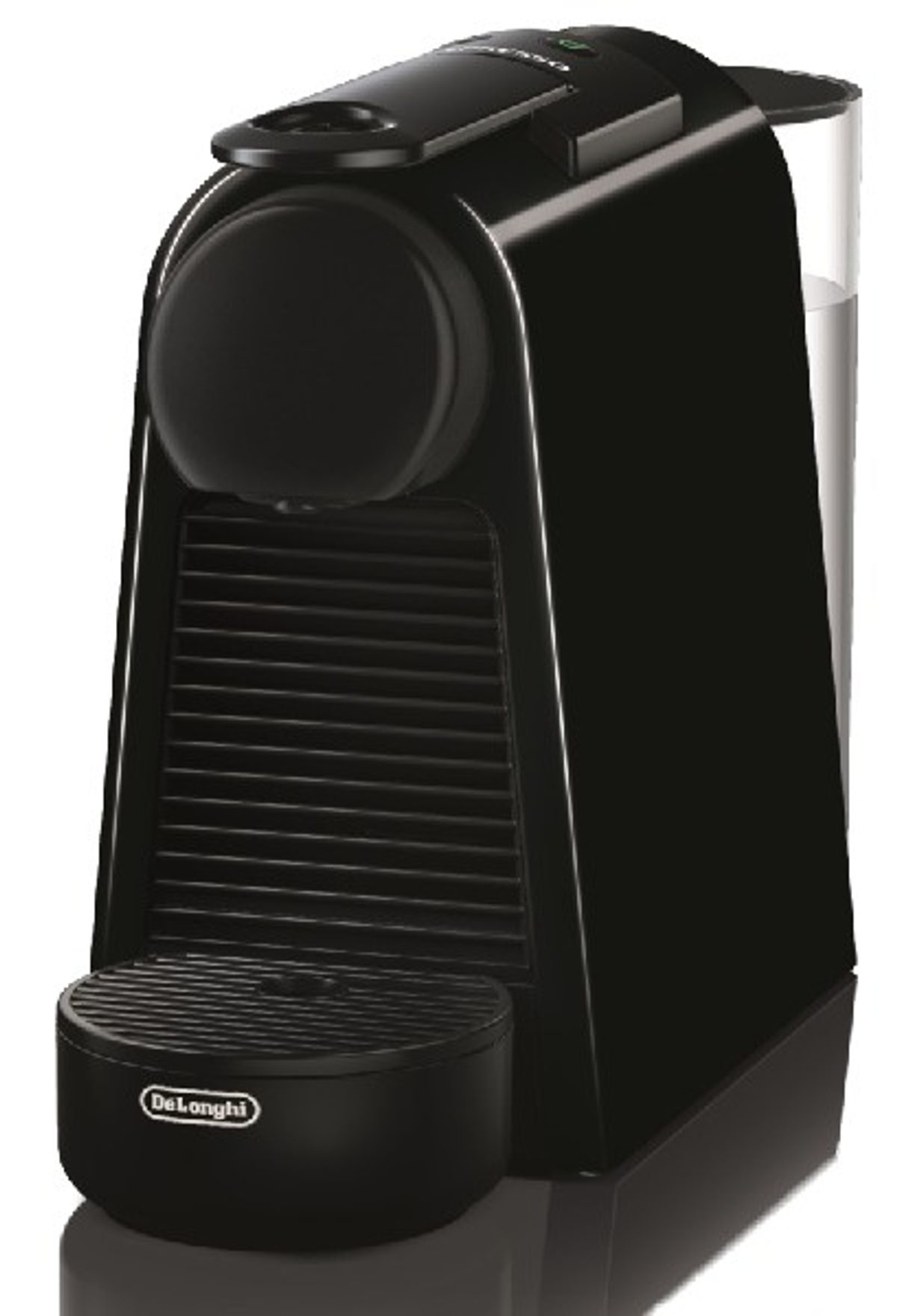 Czarny ekspres do kawy Nespresso ze zbiornikiem na wodę.