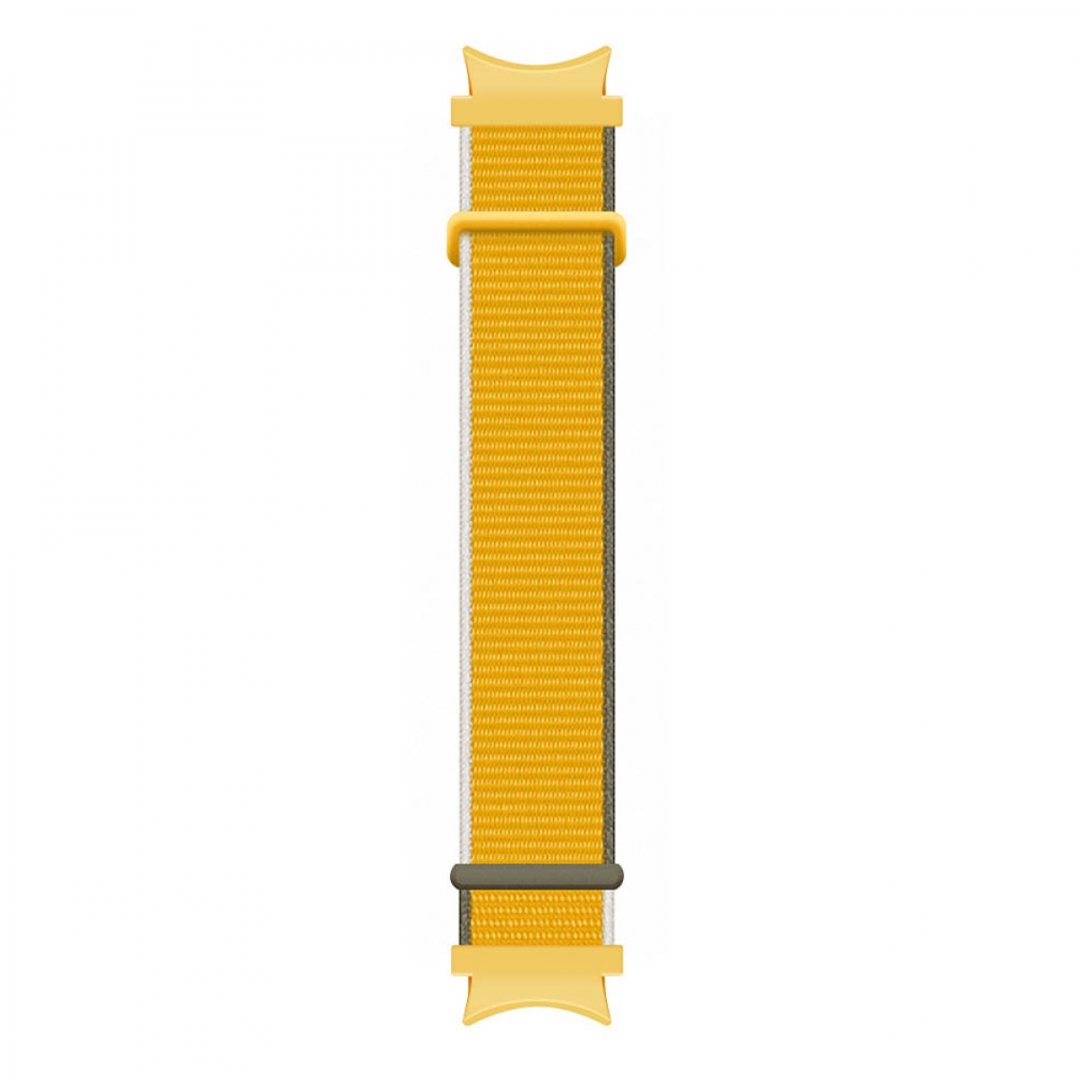 Ein gelbes und weißes Uhrenarmband mit goldenen Steckern. Es ist eine Nahaufnahme auf weißem Hintergrund.