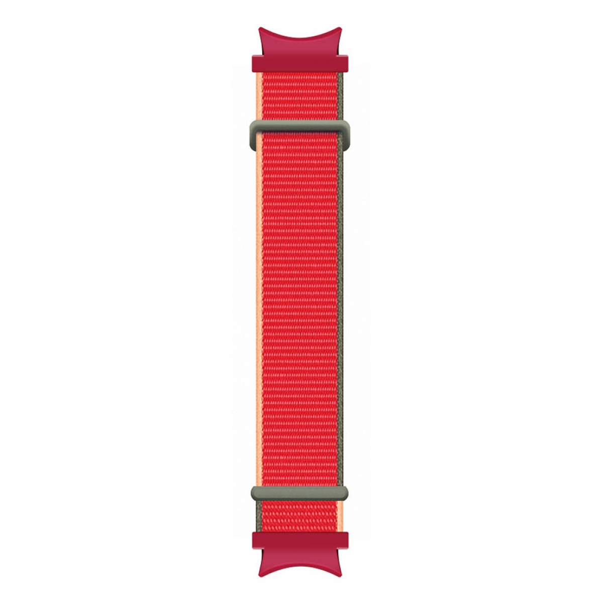 Rotes und beiges Uhrenarmband mit grüner Schnalle auf weißem Grund.