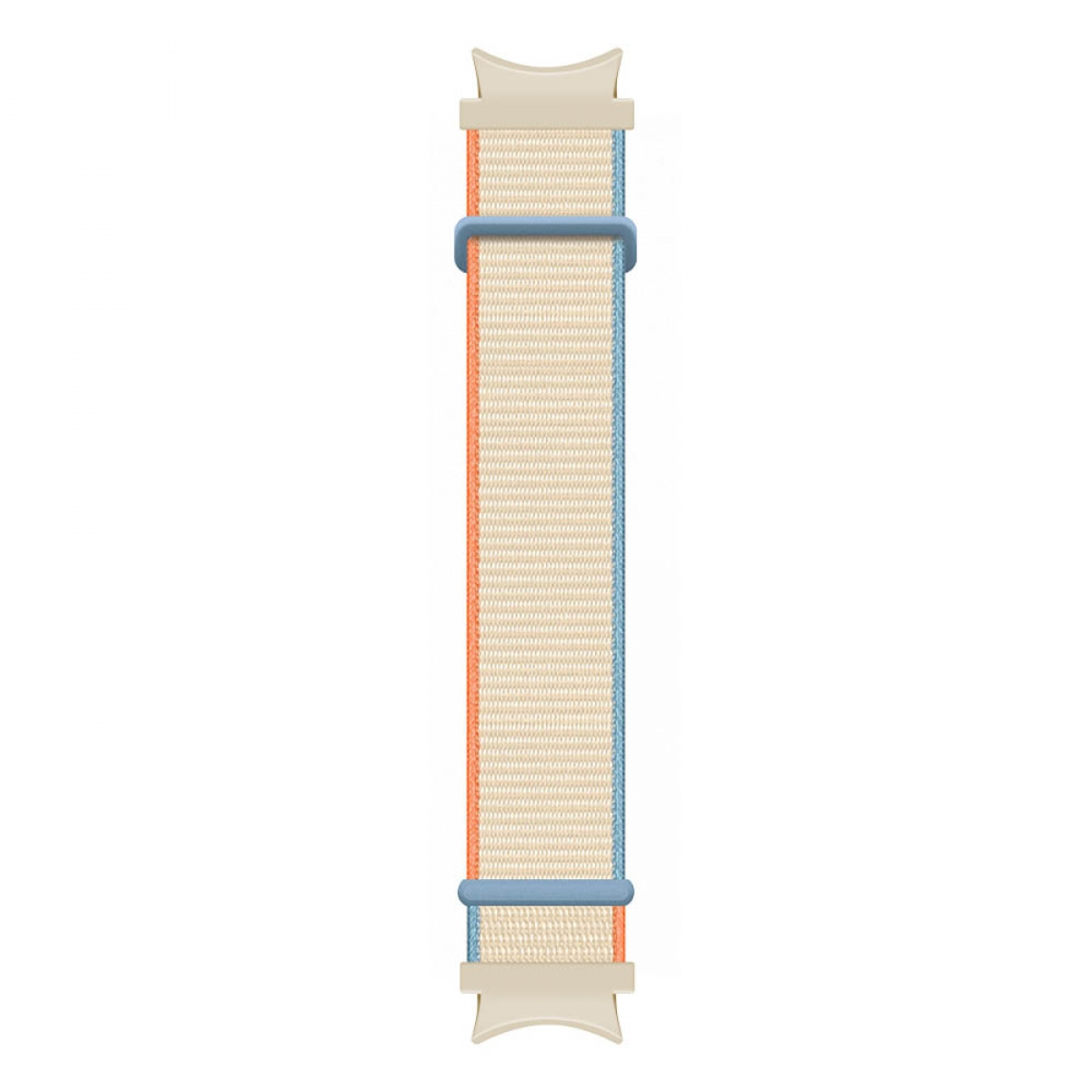 Ein farbenfrohes Armband mit beigen, orangefarbenen und blauen Streifen und Verschlüssen.