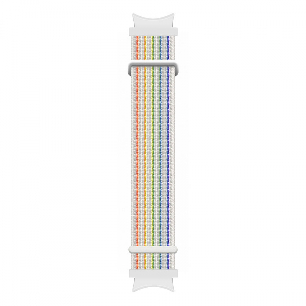 Weißes Uhrenarmband mit vertikalen Regenbogenstreifen. Es hat weiße Aufsätze an den Enden, auf weißem Hintergrund.