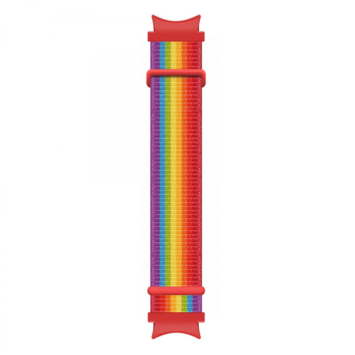 Regenbogenfarbenes Uhrenarmband mit roten Enden. Vertikal, auf weißem Hintergrund.
