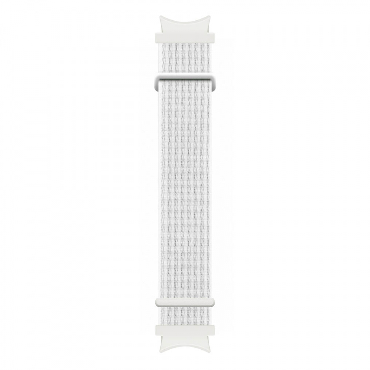 Weißes Uhrenarmband mit gewebter Textur und Metallverschluss.