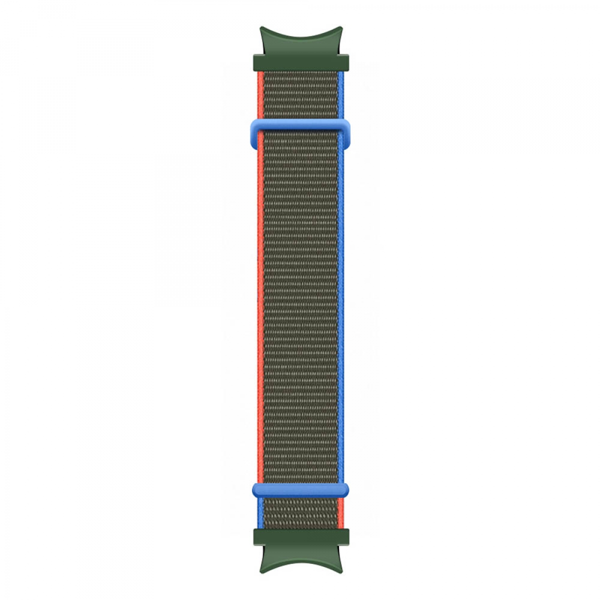 Ein Uhrenarmband mit grünen Enden, einem dunkelgrauen Mittelteil und roten und blauen Streifen. Es ist auf weißem Hintergrund.