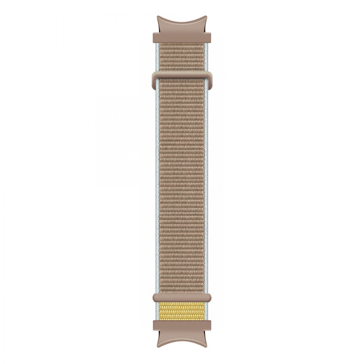 Armbanduhr. Hellbrauner Textil mit beigen Kanten und Nähten. Braune Endstücke verbinden sich mit der Uhr.