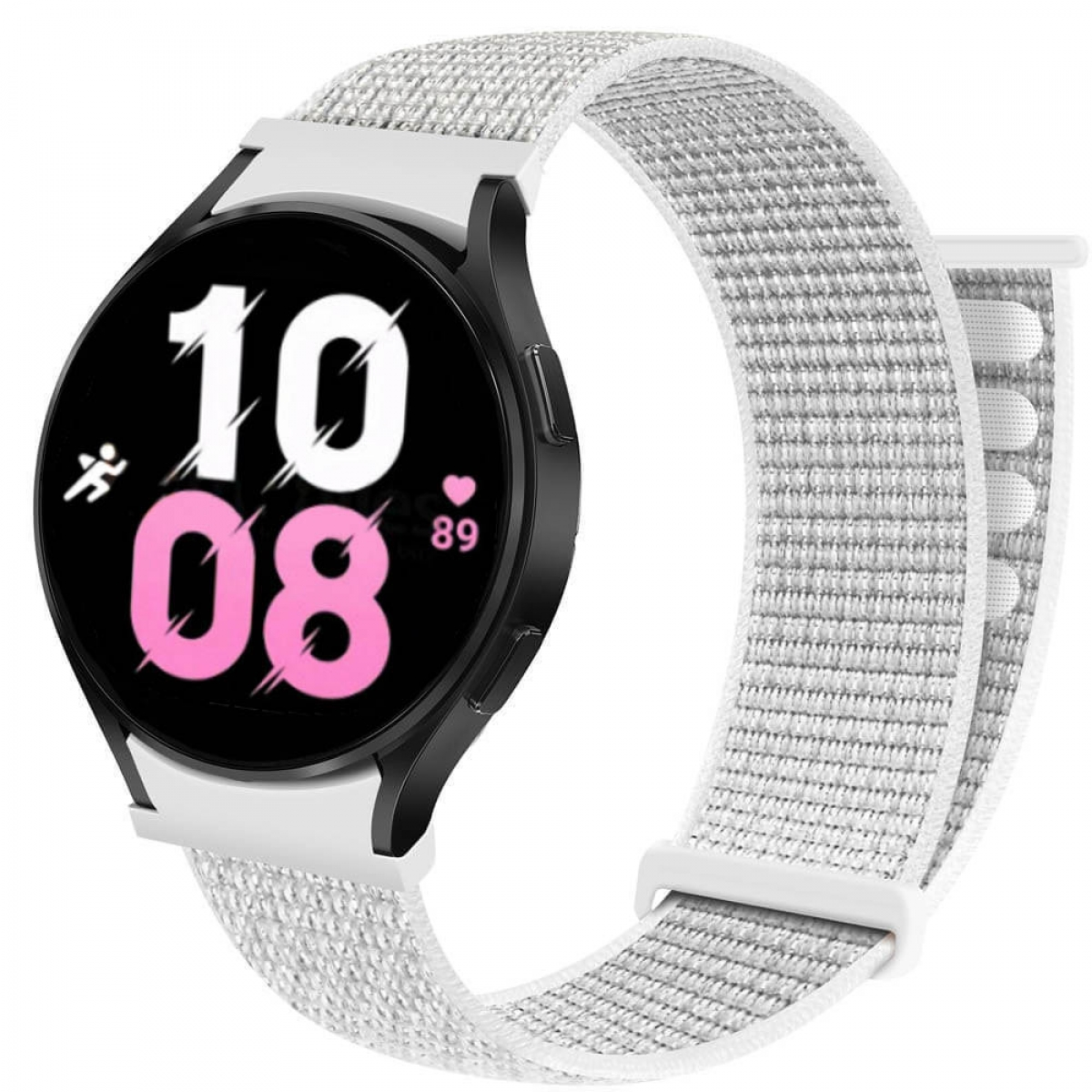 Eine Smartwatch mit weißem Armband. Der Bildschirm zeigt die Uhrzeit 10:08 und 89% Akku an.