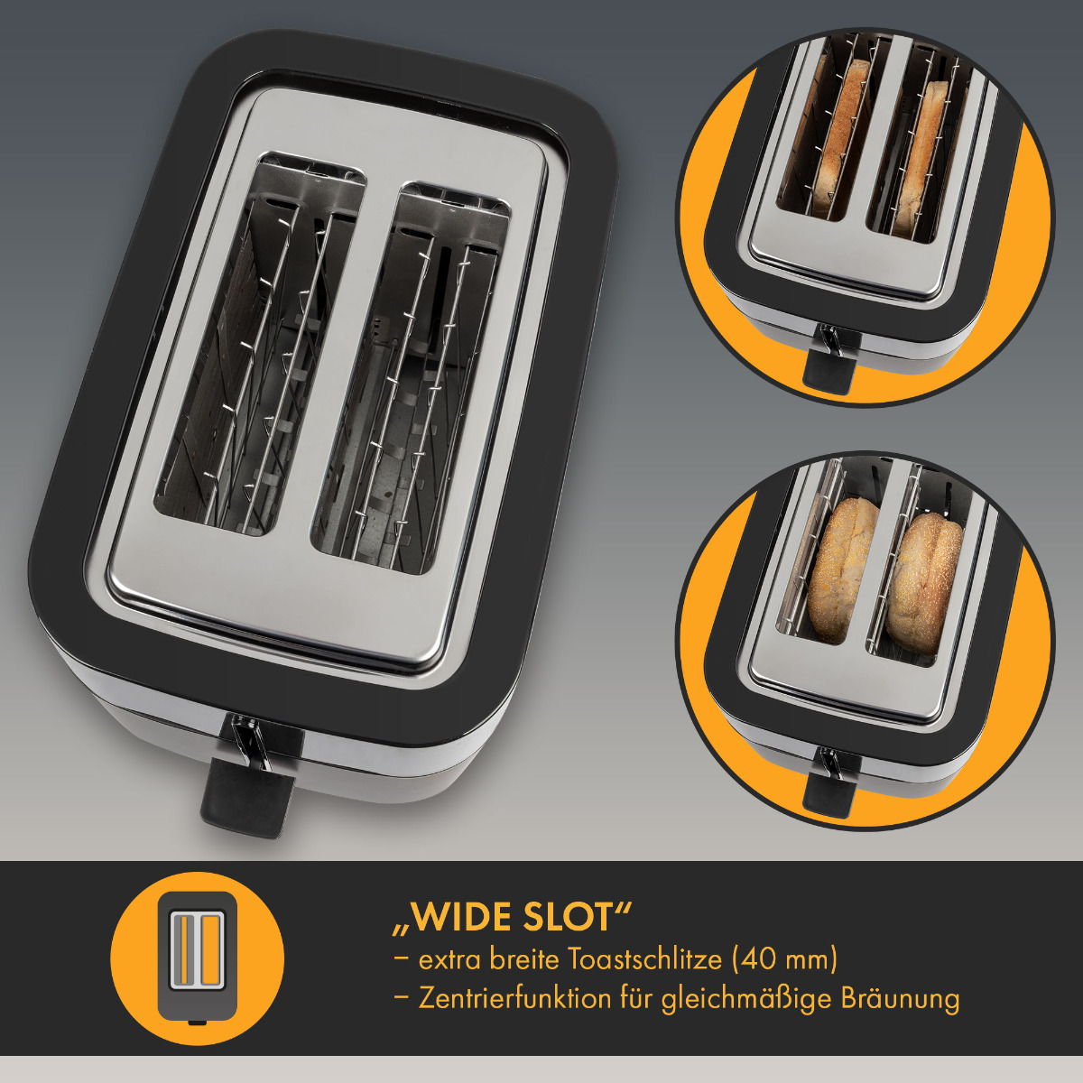 Czarny i srebrny toster z szerokimi szczelinami i obrazkami tostów i bajgli.