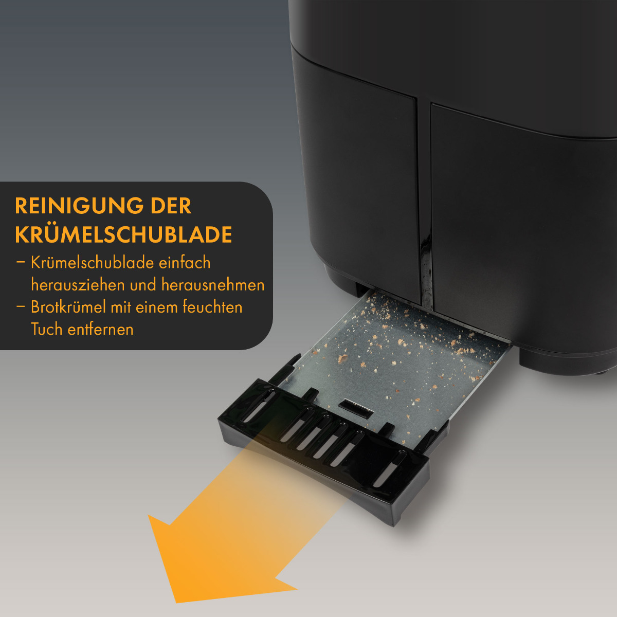 Czarny toster z tacką na okruchy. Pomarańczowa strzałka wskazuje, jak wyjąć tackę na okruchy do czyszczenia.