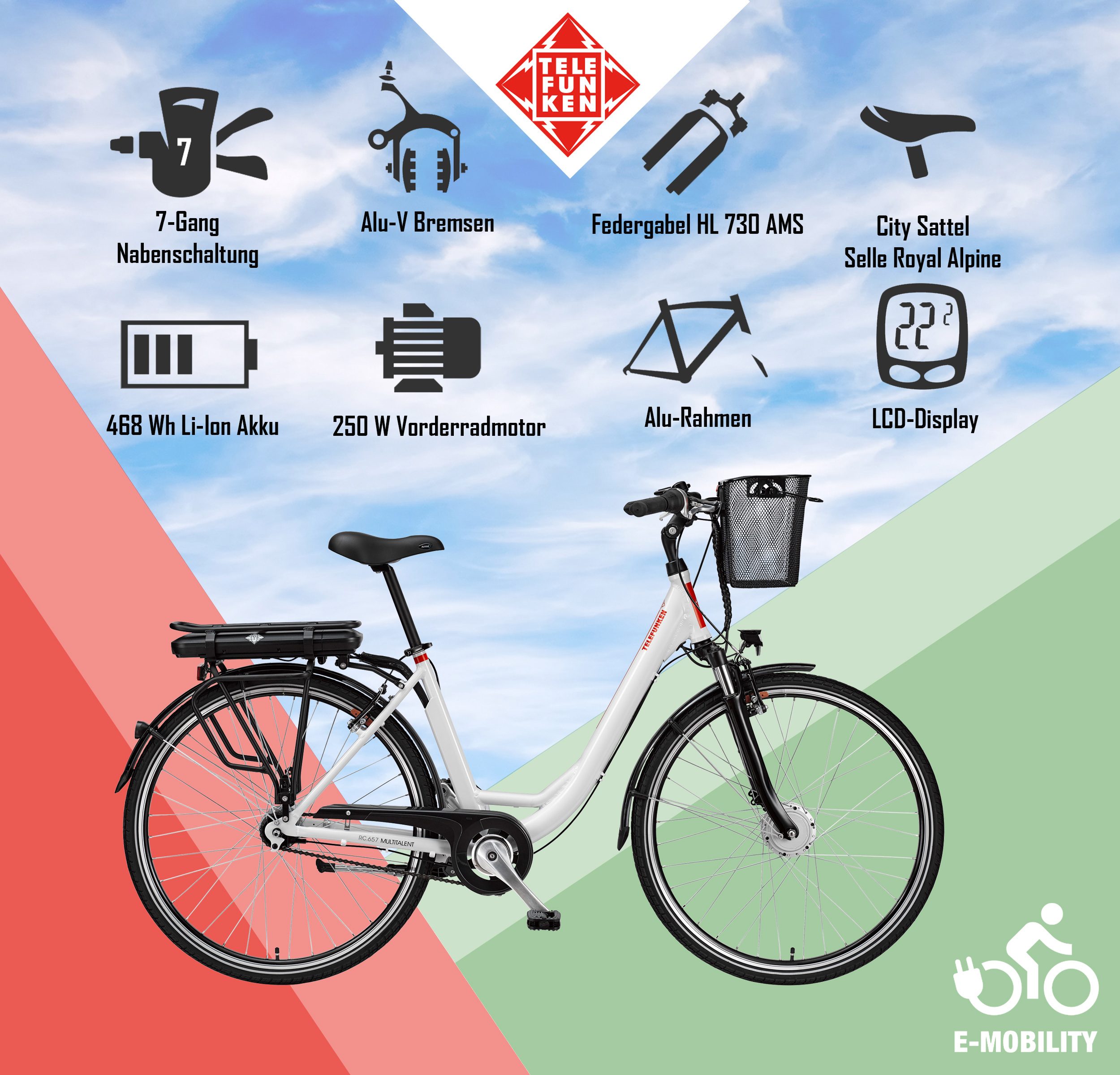 Weißes und schwarzes E-Bike mit Symbolen und Text.