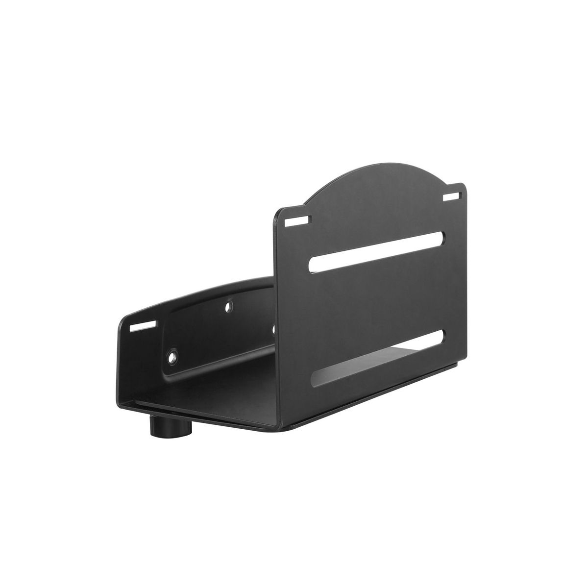 Soporte metálico negro para montaje, con parte superior curvada y ranuras horizontales para ventilación.