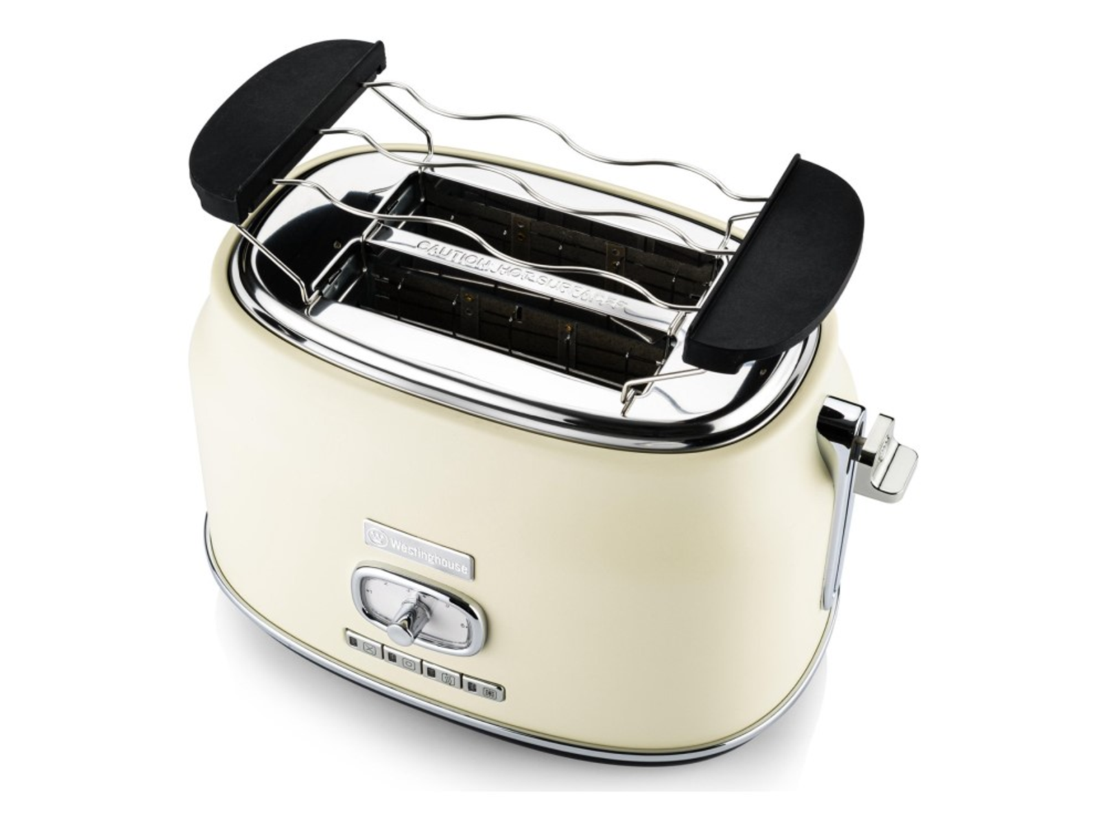 Cremefarbener Toaster mit silbernem Rost und schwarzen Griffen.