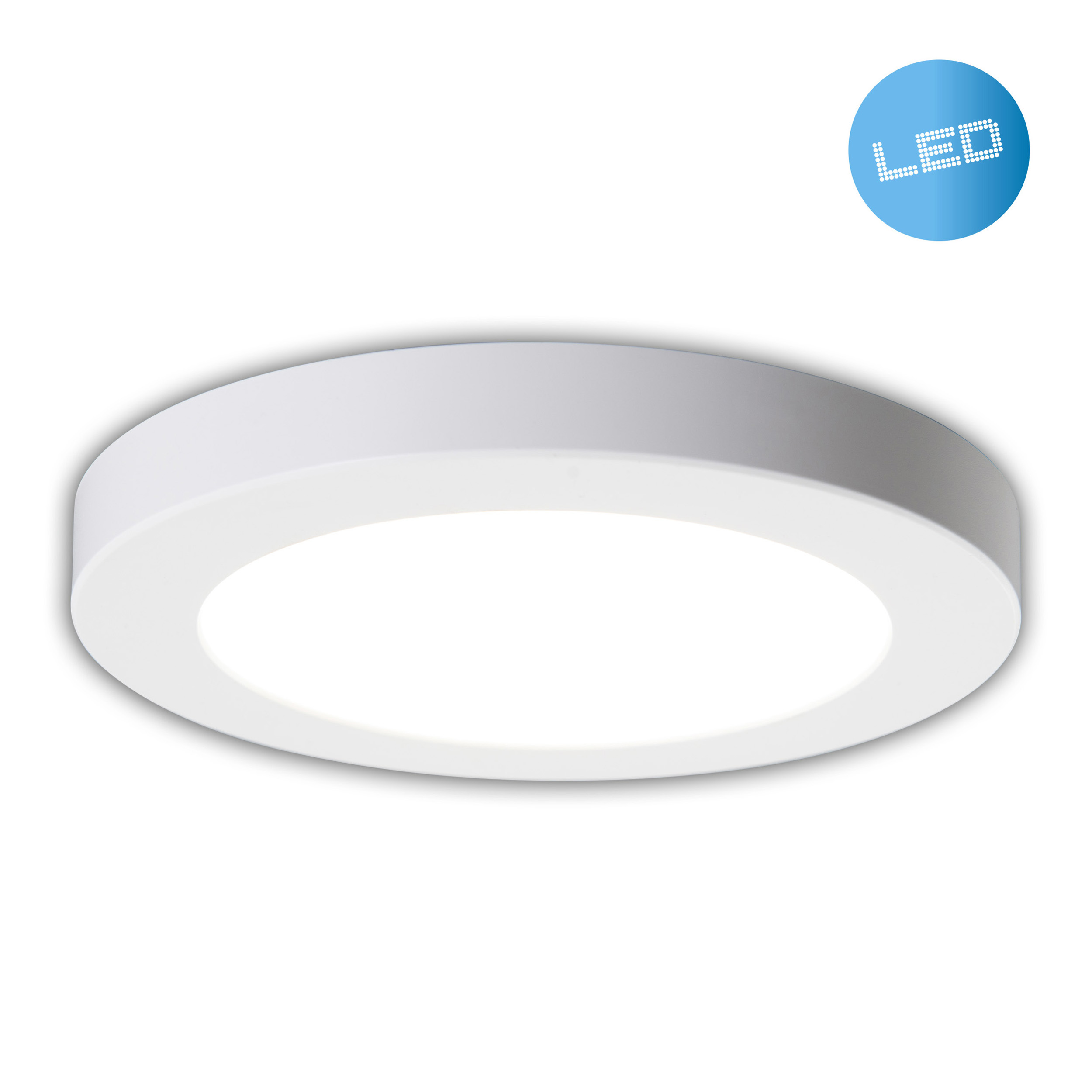 Runde weiße LED-Deckenleuchte auf weißem Hintergrund, mit blauem LED-Symbol oben rechts.