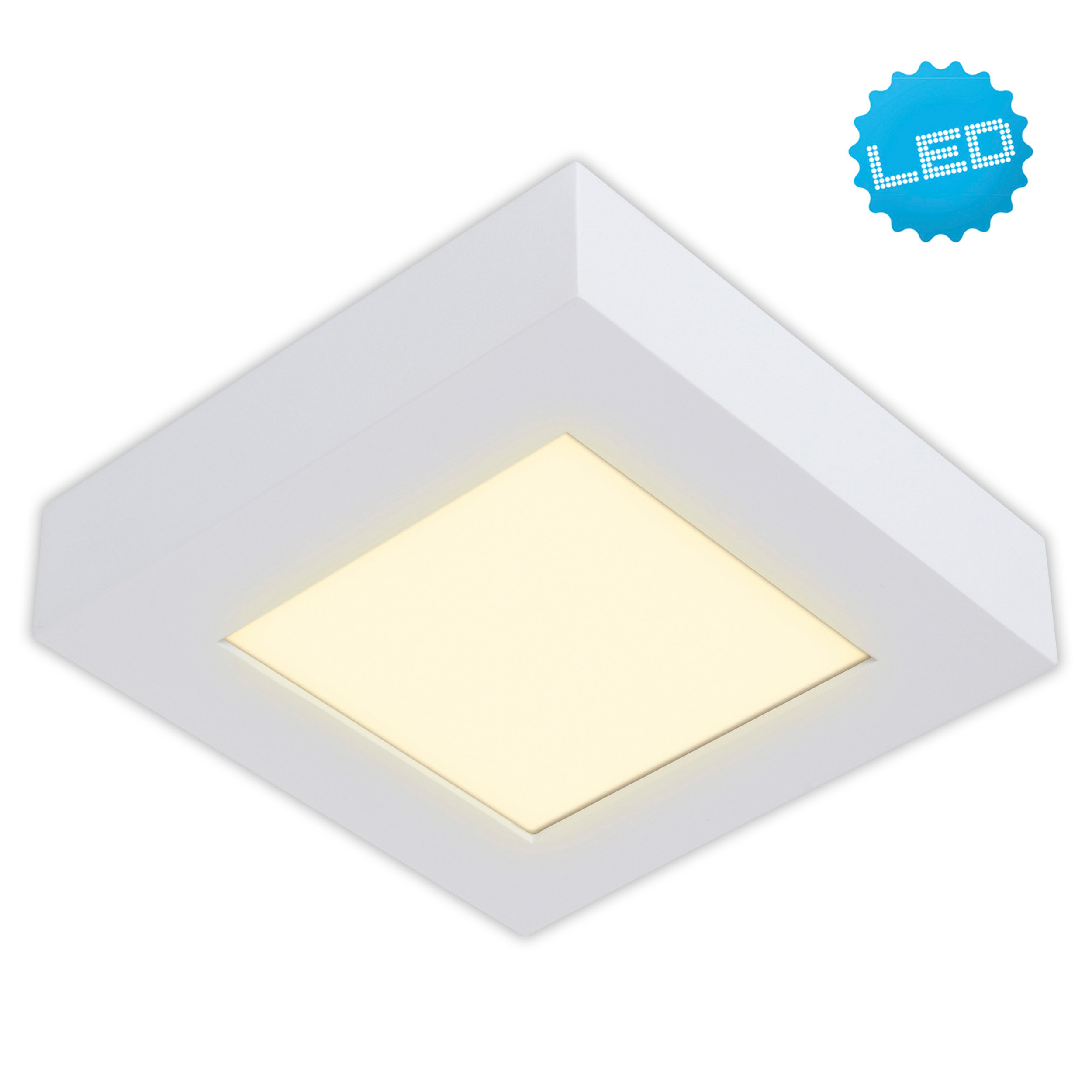 Weiße quadratische LED-Deckenleuchte. Blaues 'LED'-Emblem in der Ecke, das warmes Licht aussendet.