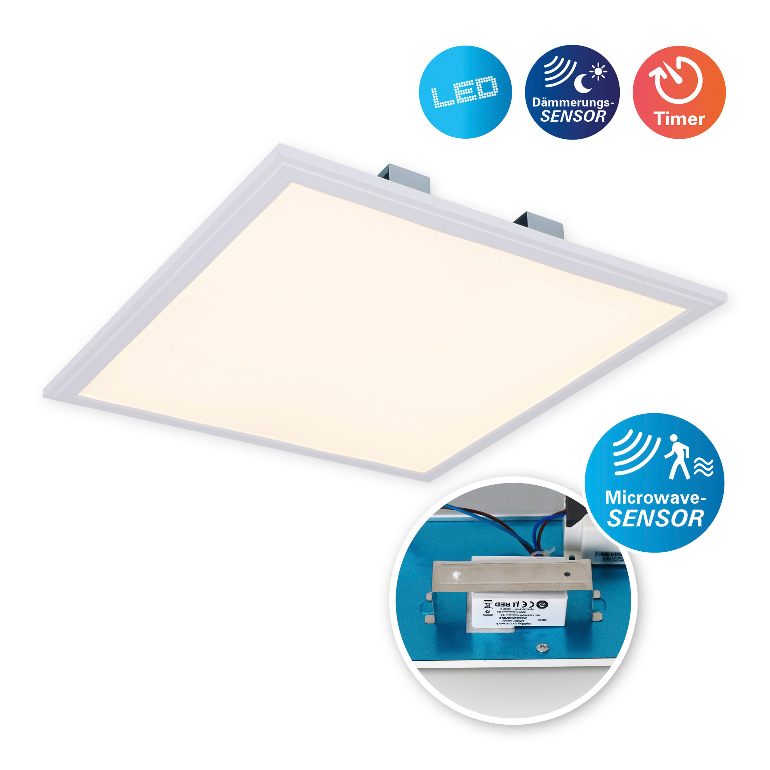 Weiße quadratische LED-Deckenleuchte mit Sensor-Symbolen und Nahaufnahme der Sensorkomponente.