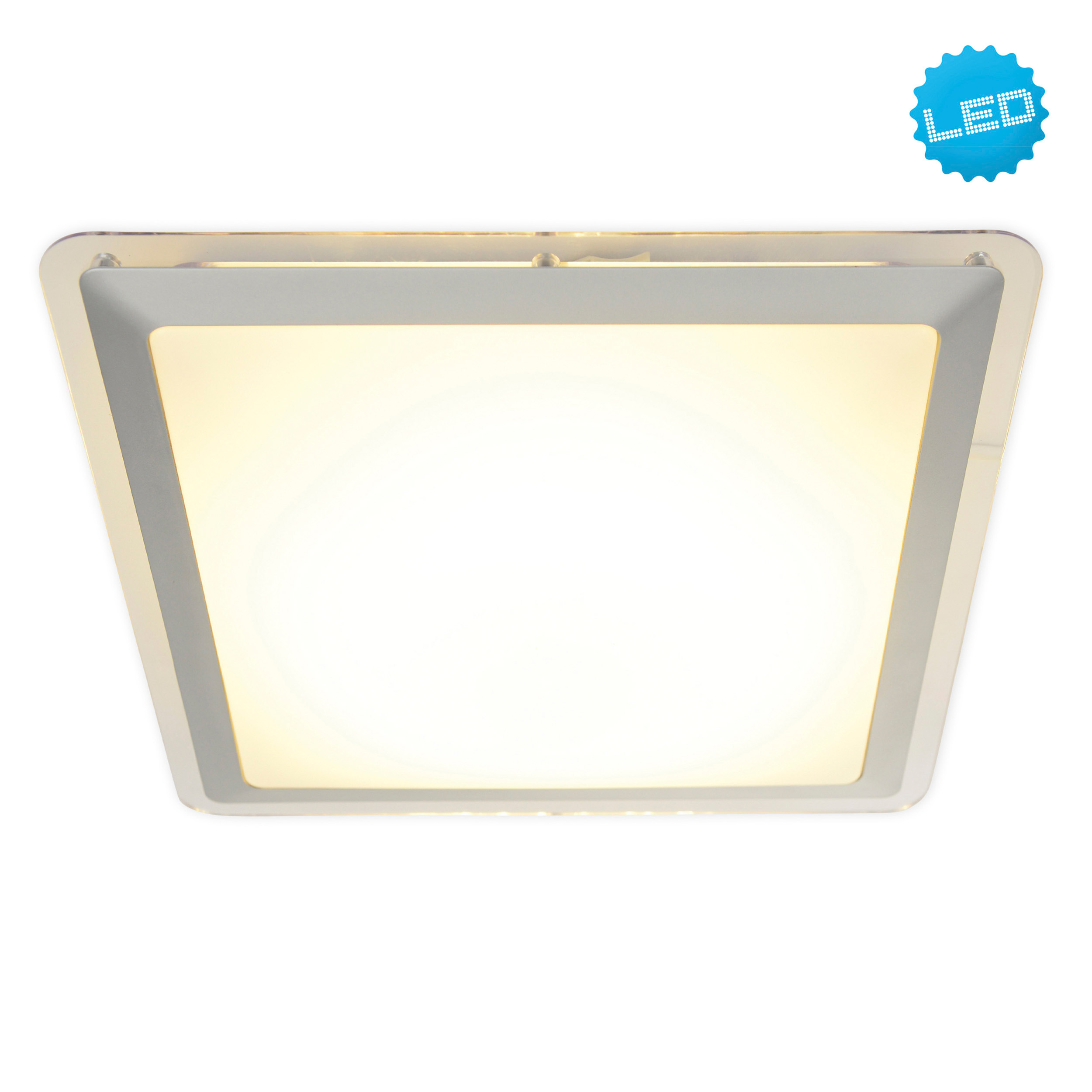 Eine quadratische LED-Deckenleuchte, die weißes Licht ausstrahlt, mit einem weißen Rahmen und einem blauen LED-Logo.