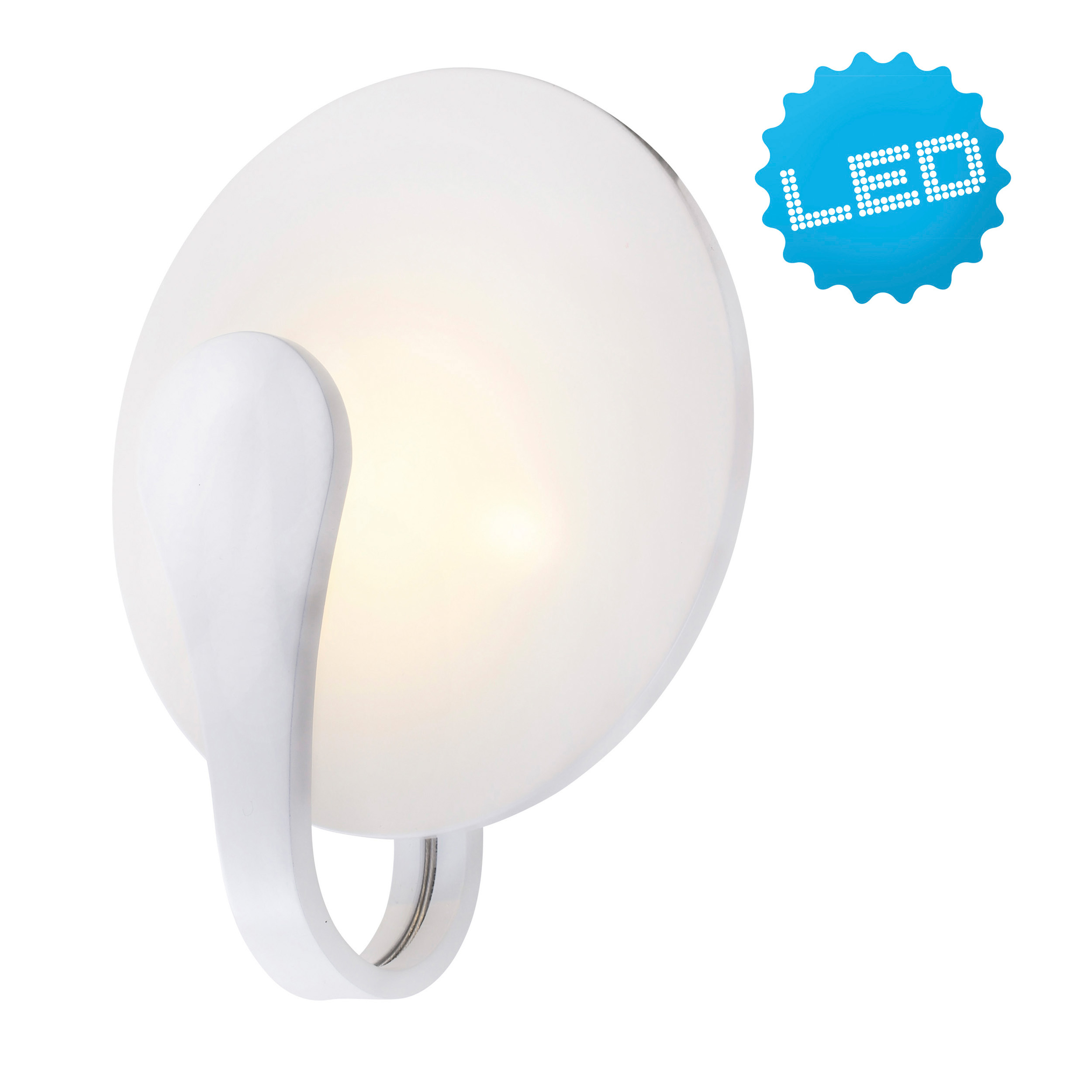 Eine weiße, runde LED-Lampe mit einem gebogenen Silberarm. Daneben befindet sich ein blauer LED-Aufkleber.