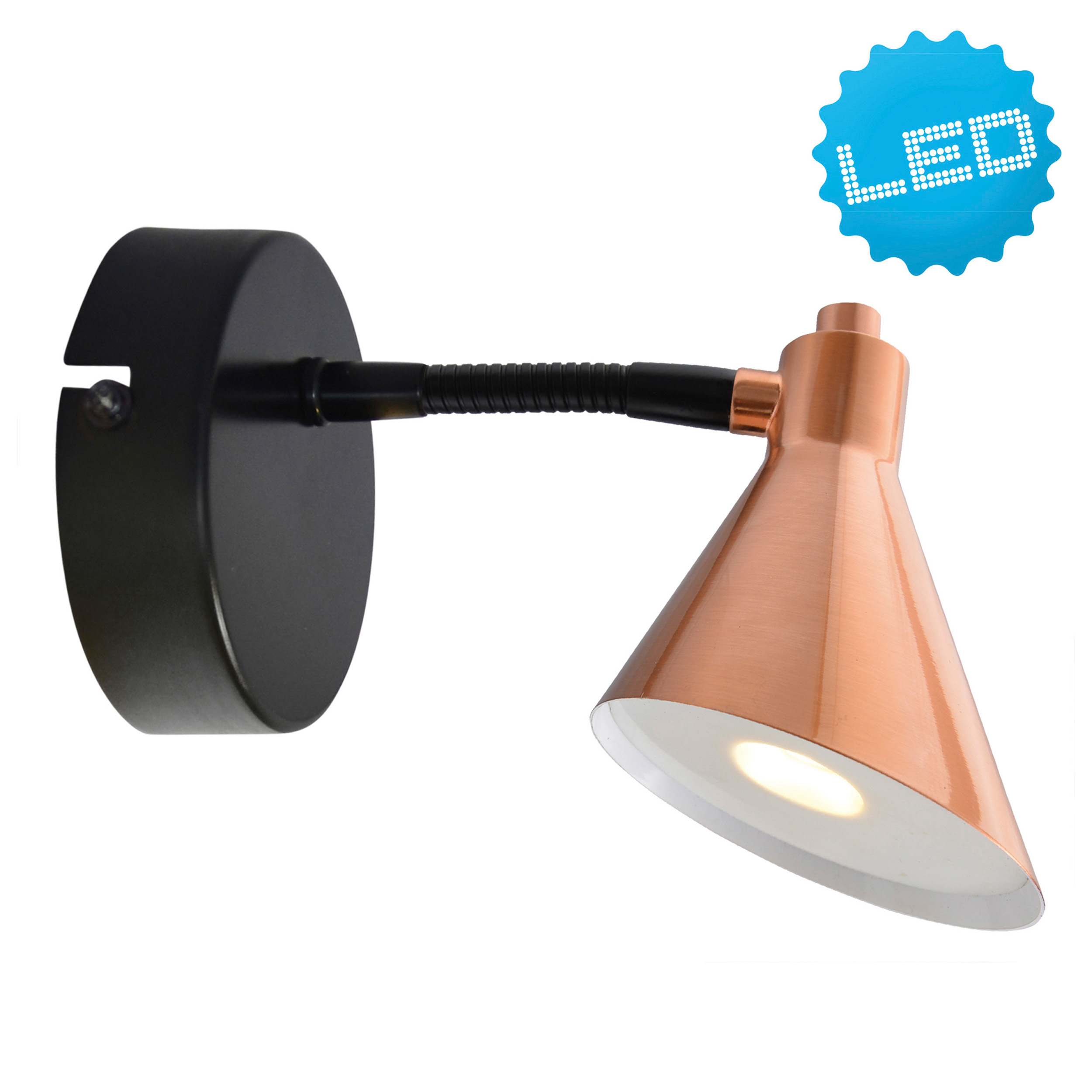 Kupferfarbene Wandleuchte mit schwarzem Hals und Körper und blauem LED-Etikett.