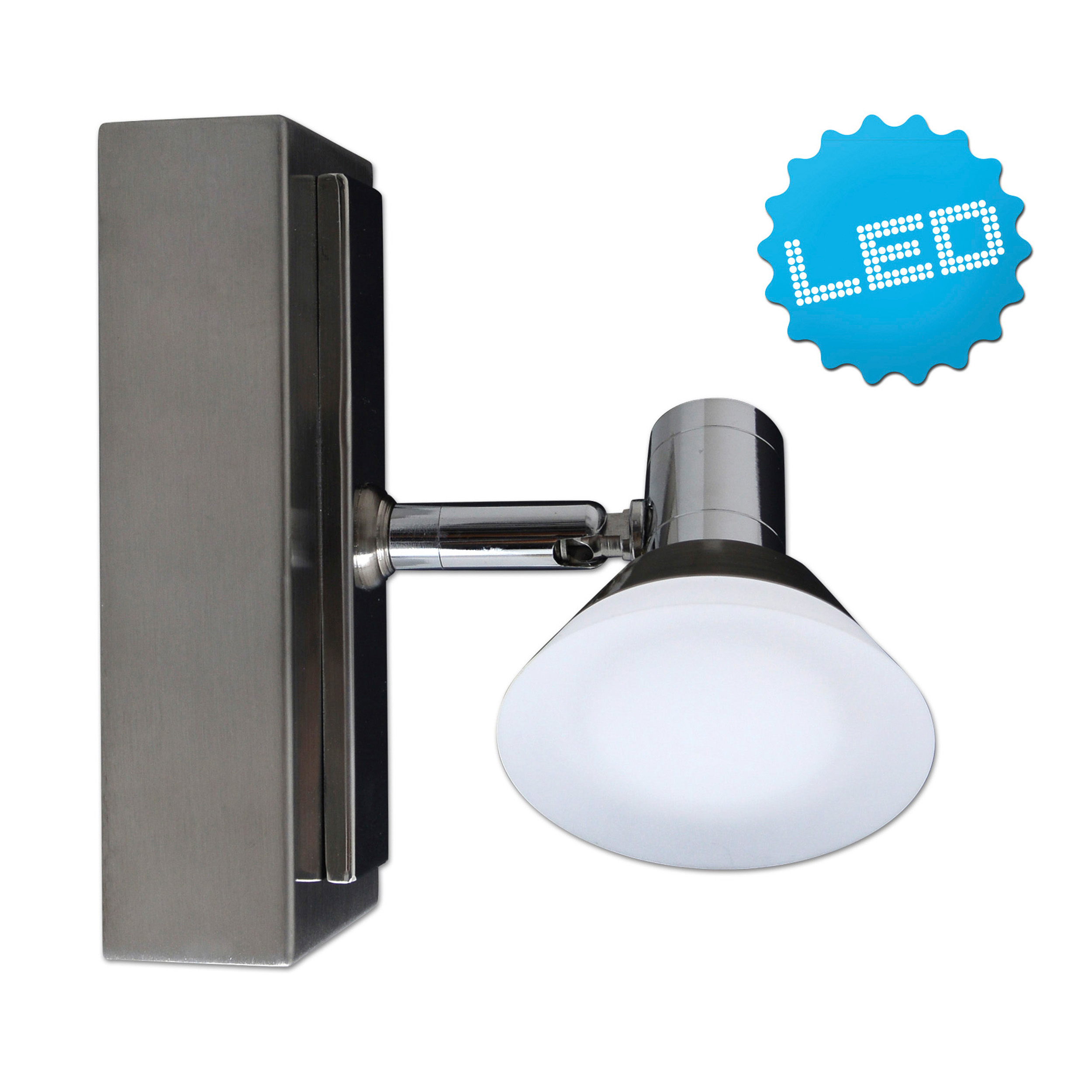 Edelstahl-Wandleuchte mit rundem Lampenkopf und 'LED'-Badge.