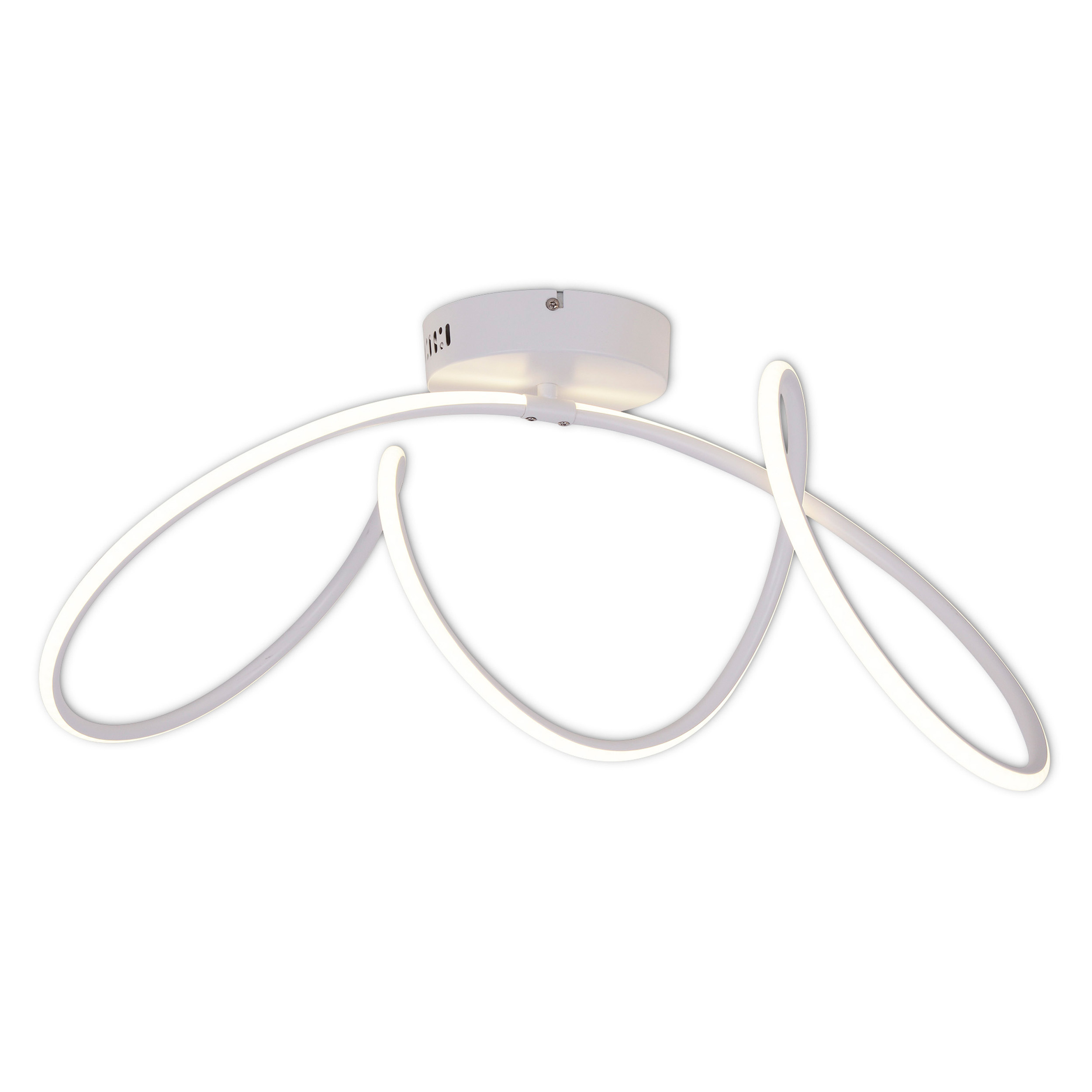 Weiße Deckenlampe mit einzigartigem geschwungenem Design, das Licht aussendet.
