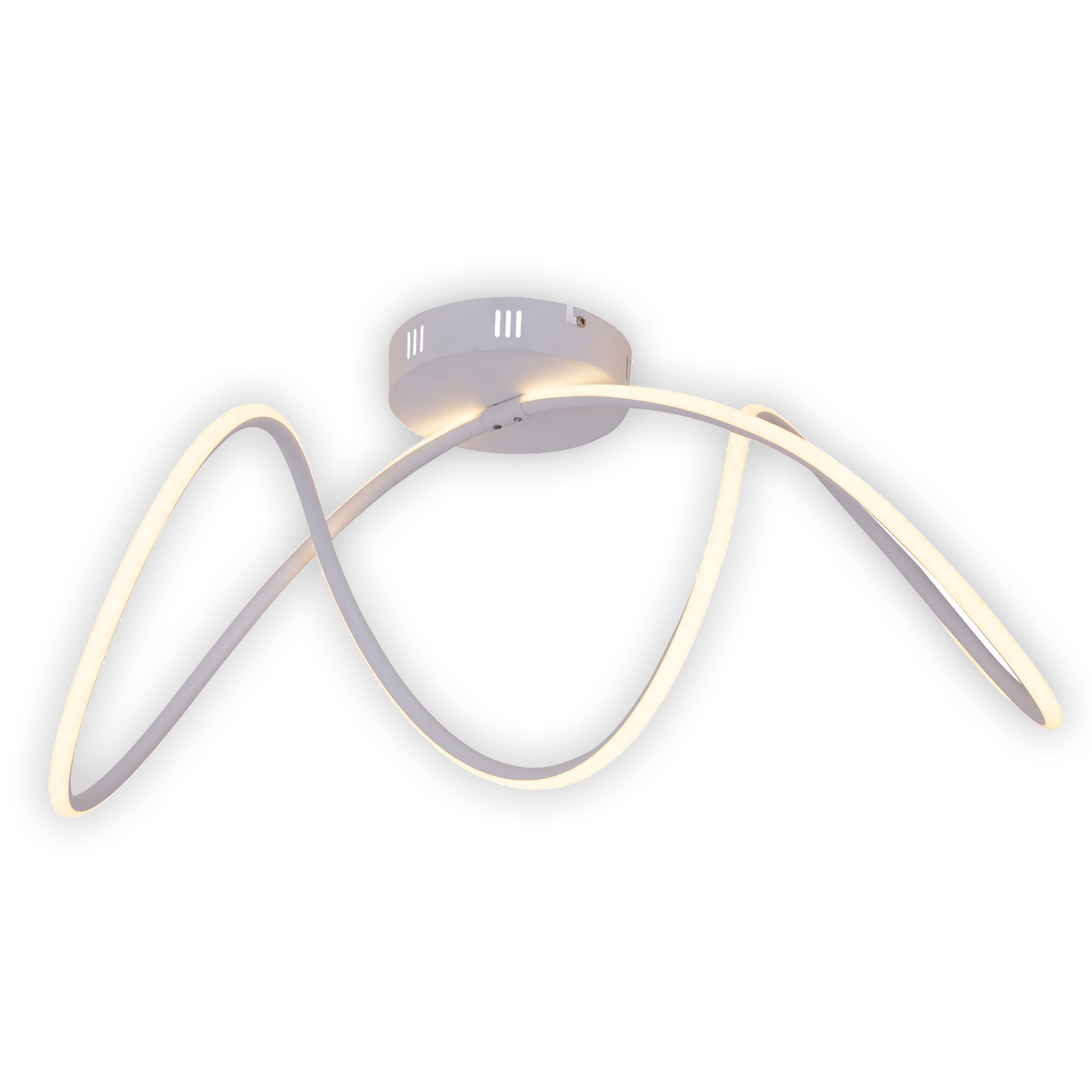 Weiße, moderne Deckenlampe mit drei gebogenen Lichtelementen. Weißer Hintergrund.