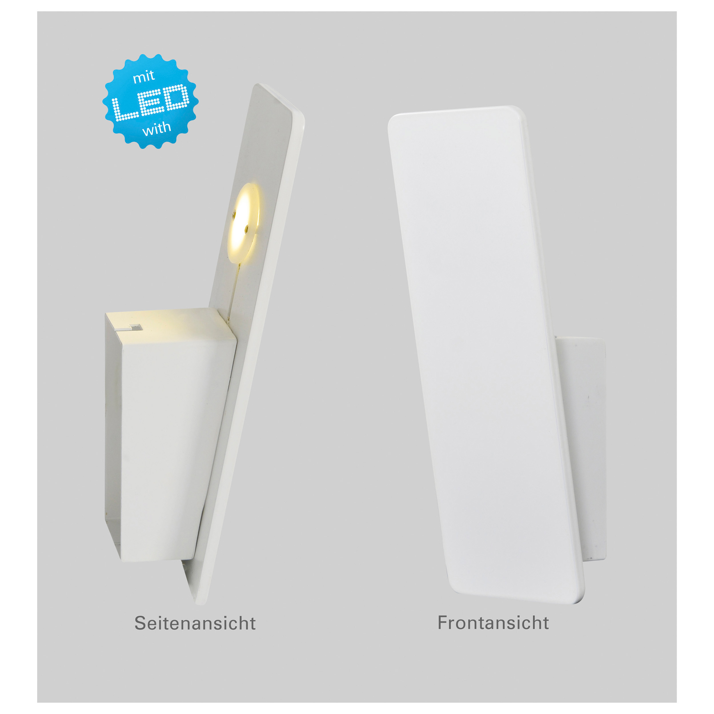 Zwei weiße Wandlampen, eine mit eingeschaltetem Licht. Der Hintergrund ist hellgrau.
