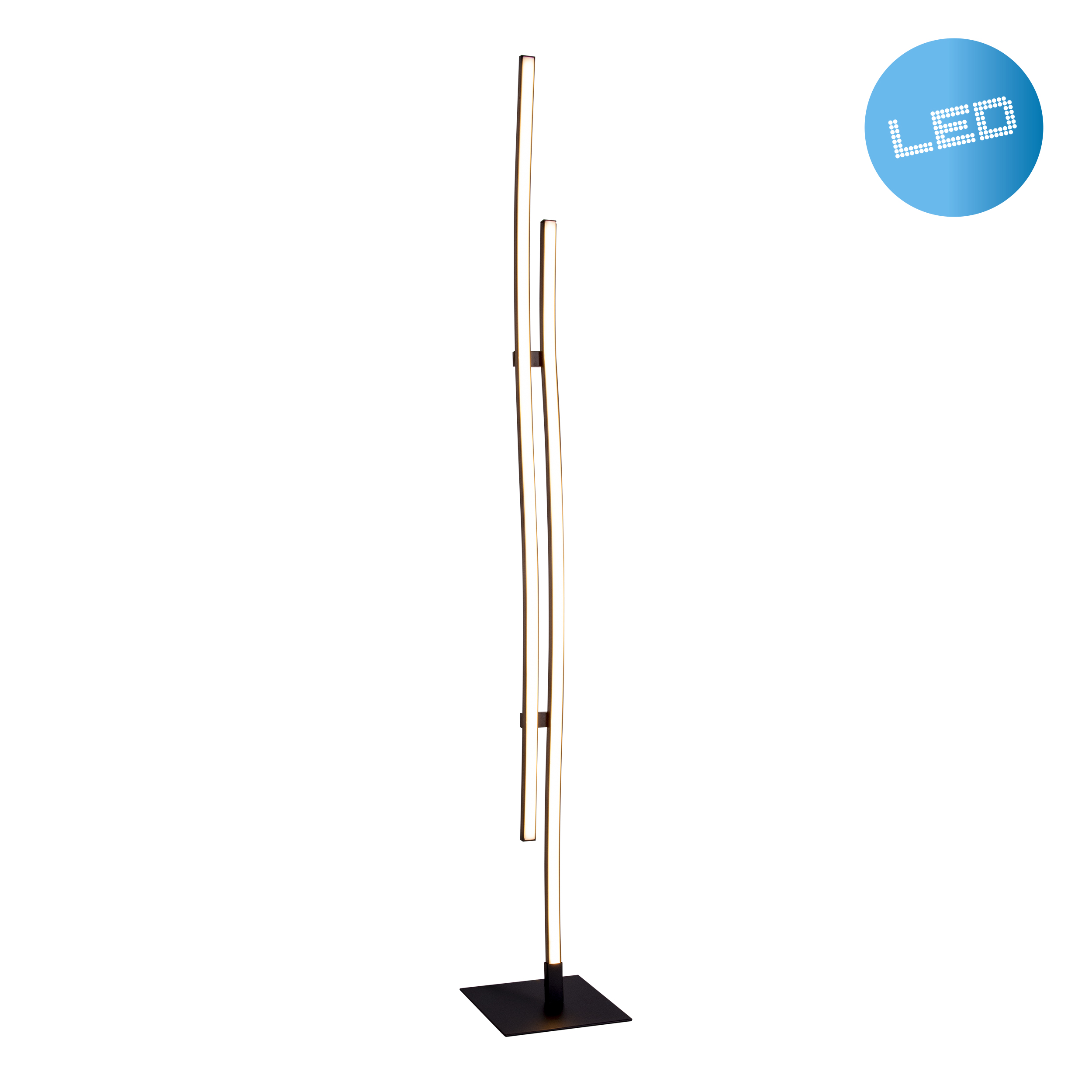 Eine hohe LED-Stehleuchte. Sie hat zwei gebogene Lichtstreifen auf einem schwarzen Ständer.
